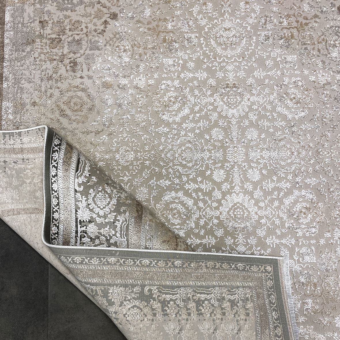 Viscose Area Rug | Cream Beige Machine Made Rug with Frame Design & Anti Slip Backing
