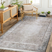 Viscose Area Rug | Cream Beige Machine Made Rug with Frame Design & Anti Slip Backing