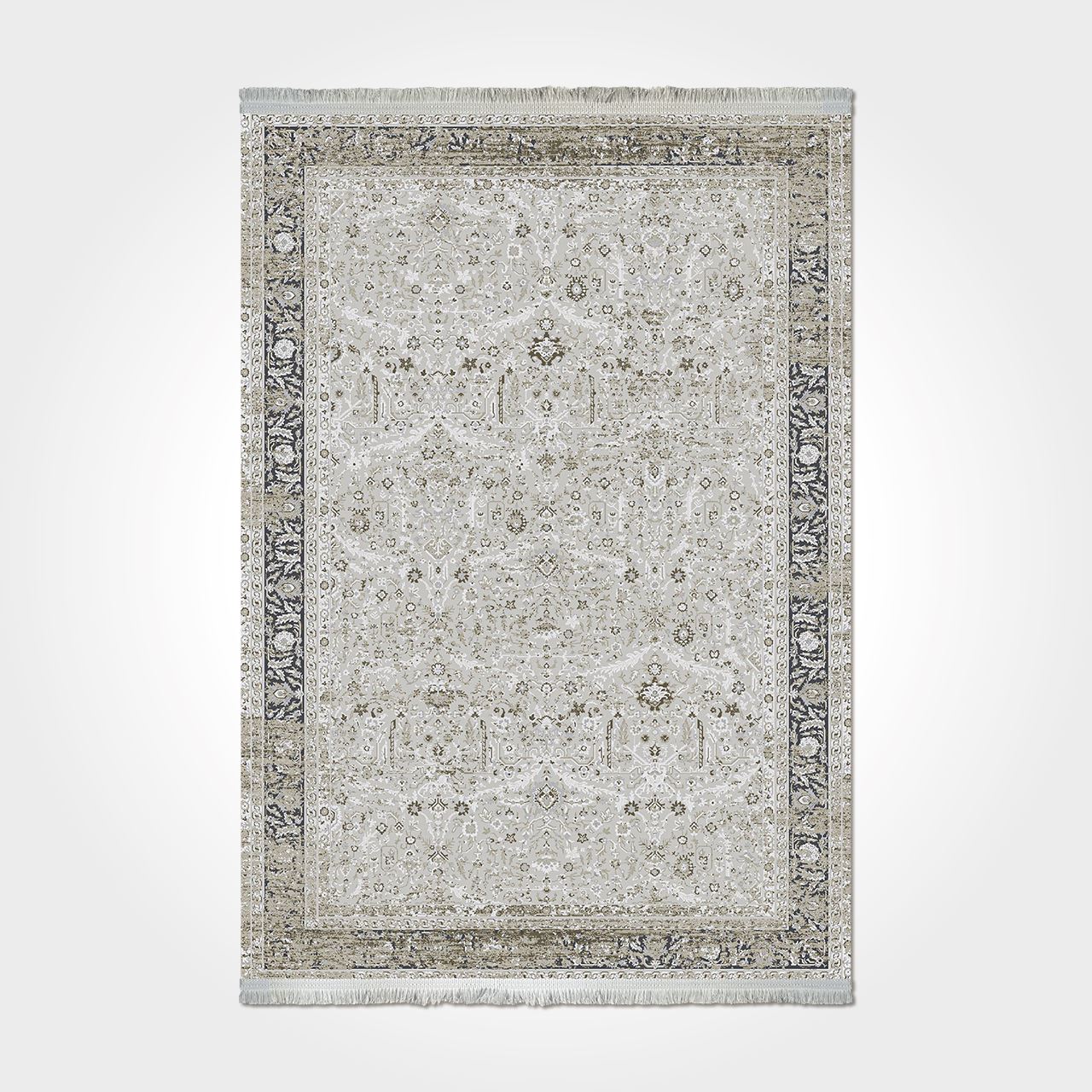 Grey Viscose Area Rug - Machine Made Rug With Frame Design, 7mm Pile Height