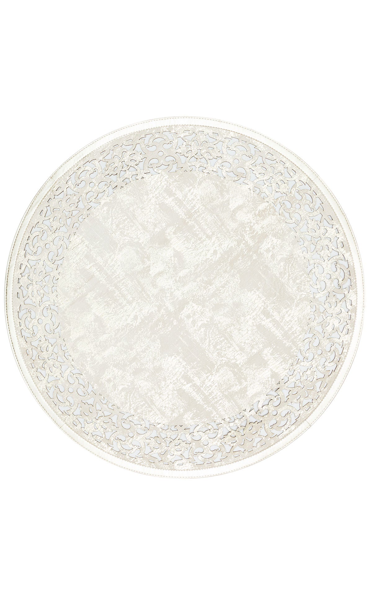Modern Carved Leather Carpet | Shiny Bordered Beige Gold Round Rug