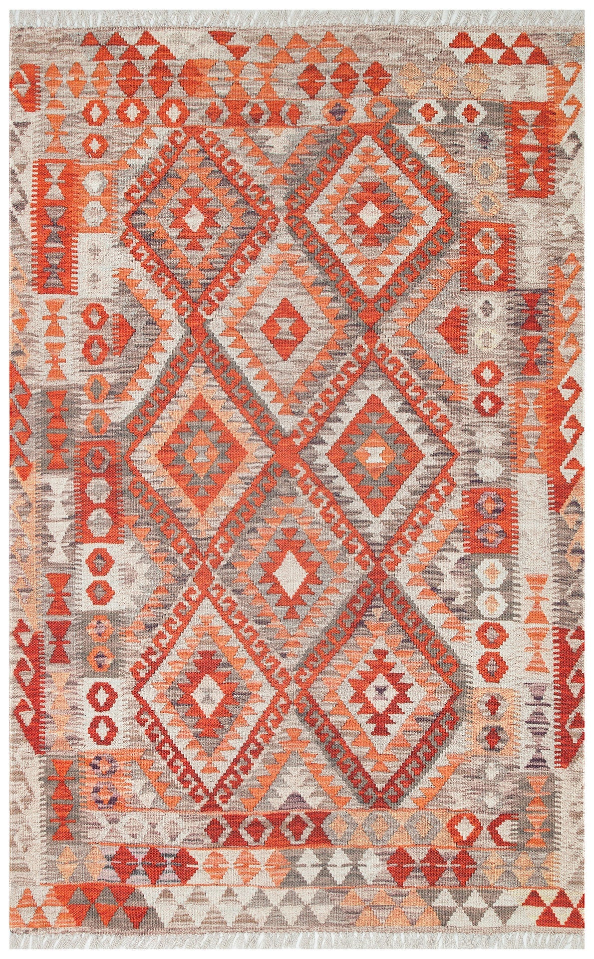 Washable Cotton Kilim - Orange Geometric Double Sided Rug With Jute Straw Look