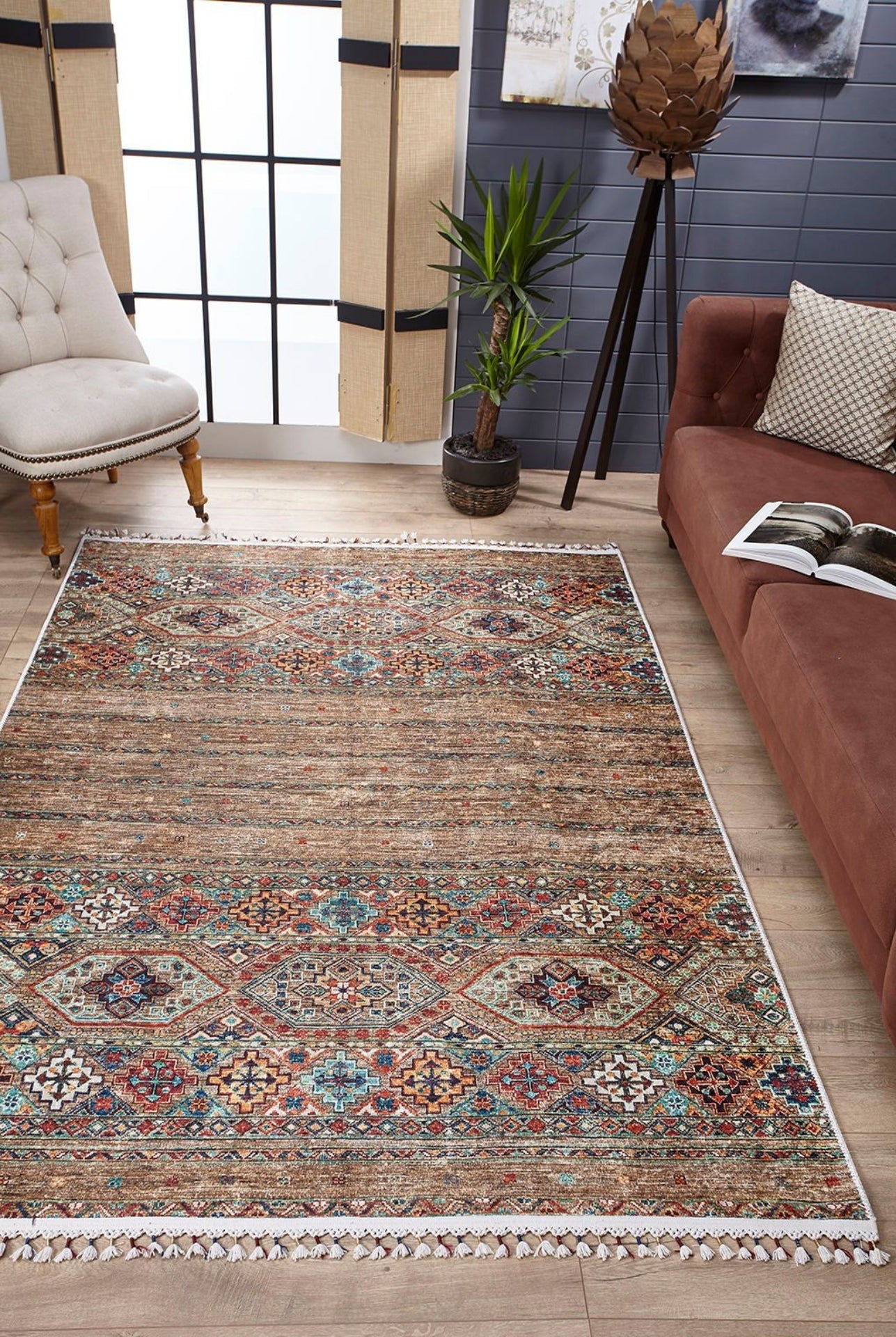 Classic Area Rug by Hal?net - Brown Digital Pattern Rug | Allergy Friendly, Non Slip Carpet