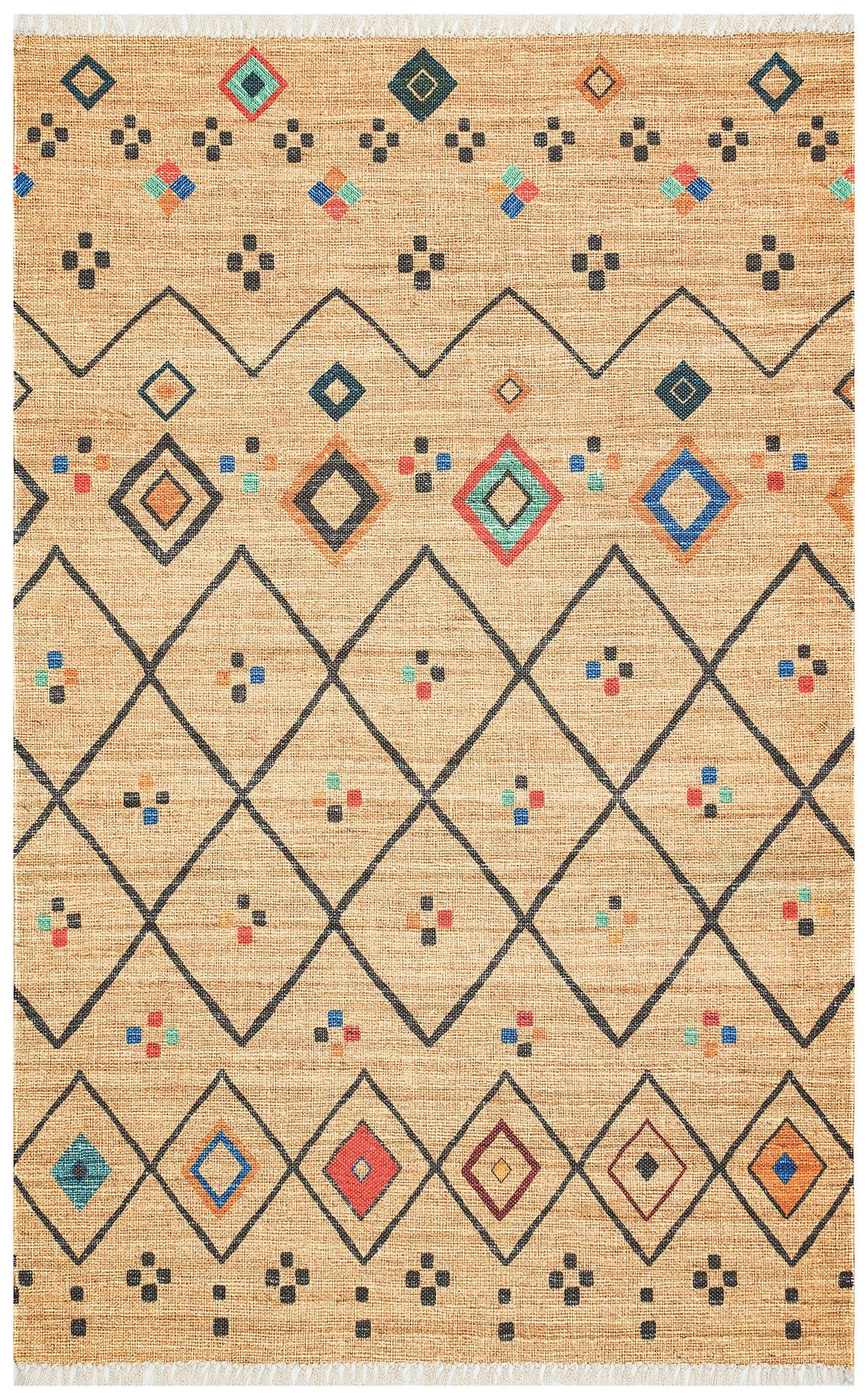 Washable Cotton Kilim - Beige Geometric Double Sided Flatweave Rug With Jute Look