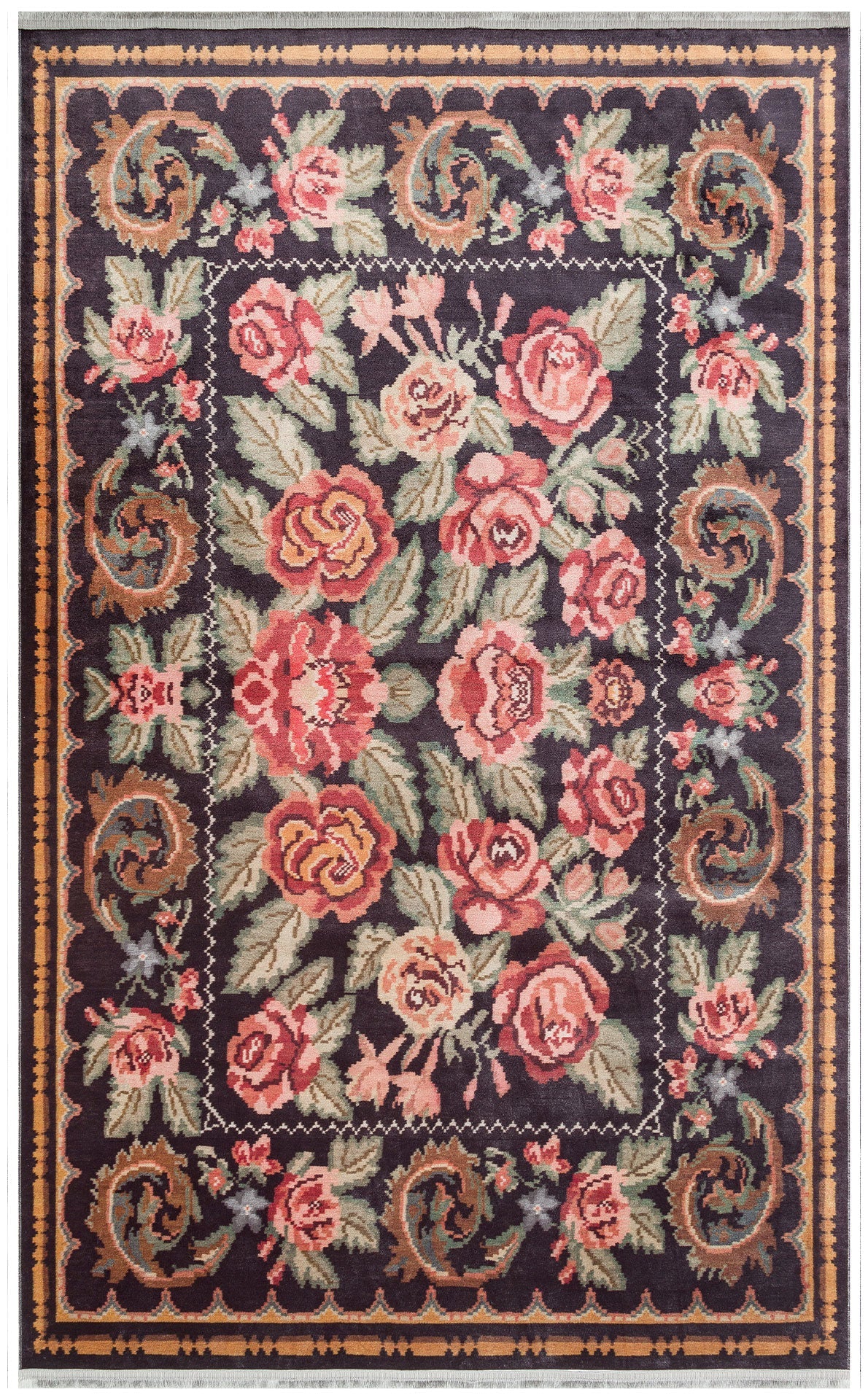 Black Red Floral Rug - Machine Made Cotton Area Rug | Washable Non Slip Carpet