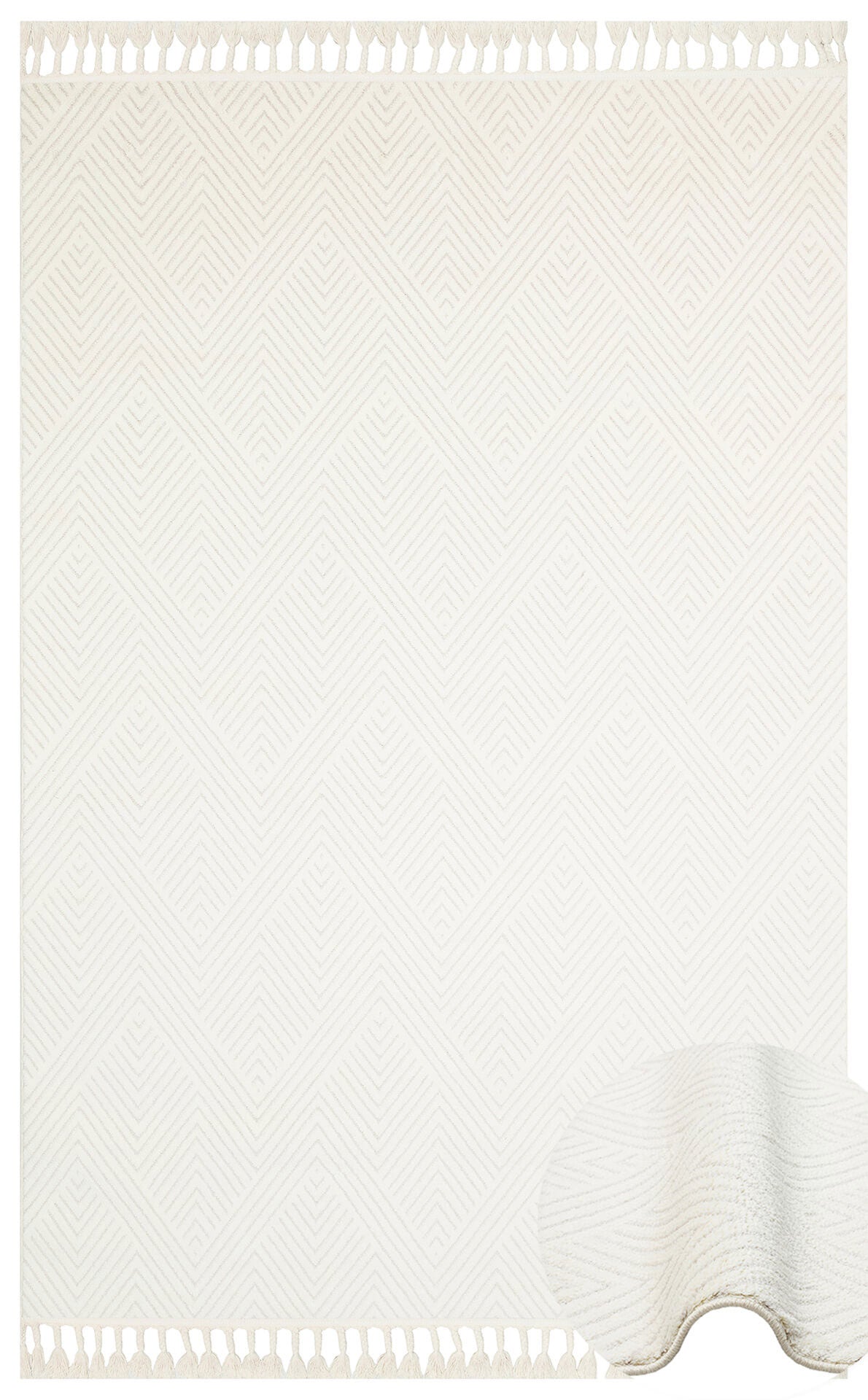 Geometric Area Rug – Machine Made White Flatweave Carpet with Ethnic Pattern