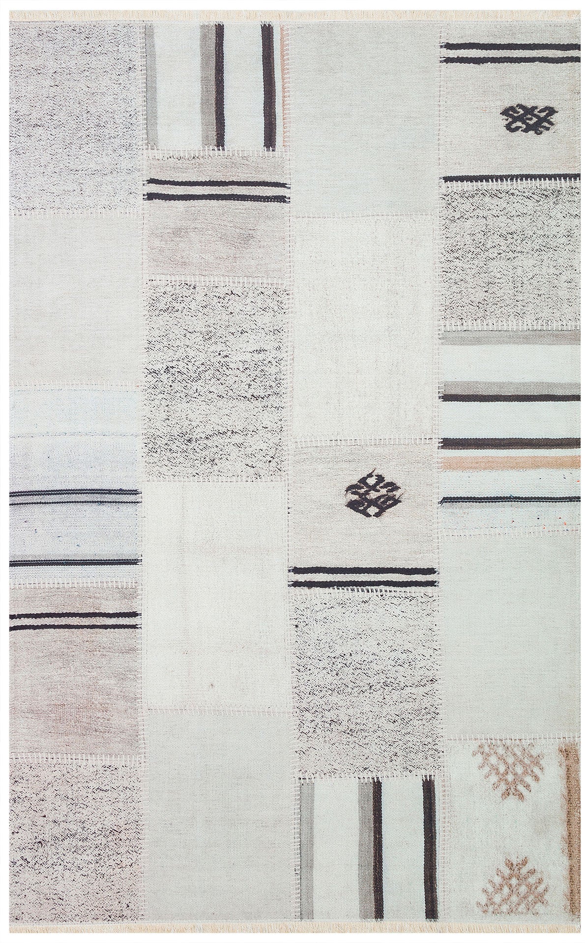 Patchwork Area Rug - Machine Made White Kilim Rug | Washable Non Slip Flatweave Carpet