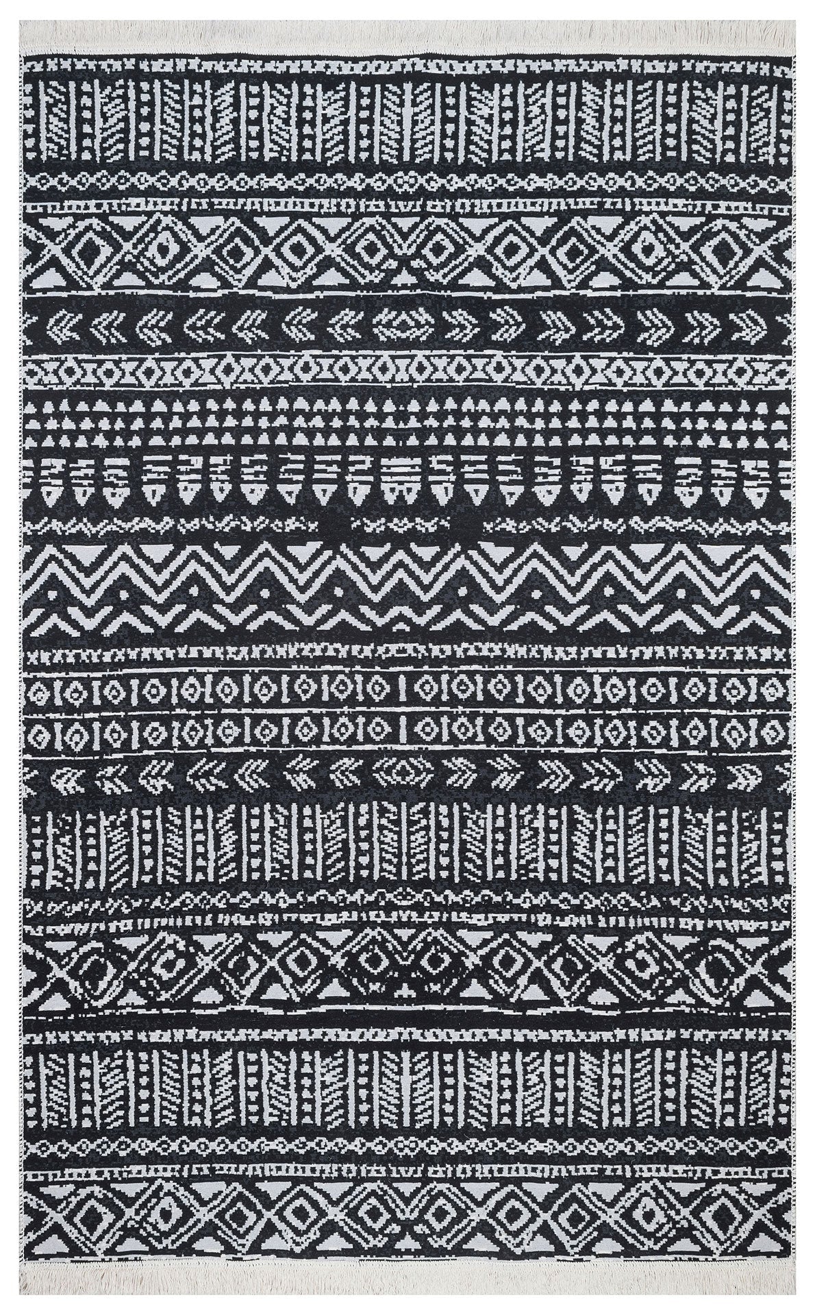 Cotton Kilim Rug – Modern Woven Black Ethnic Patterned Flatweave Carpet
