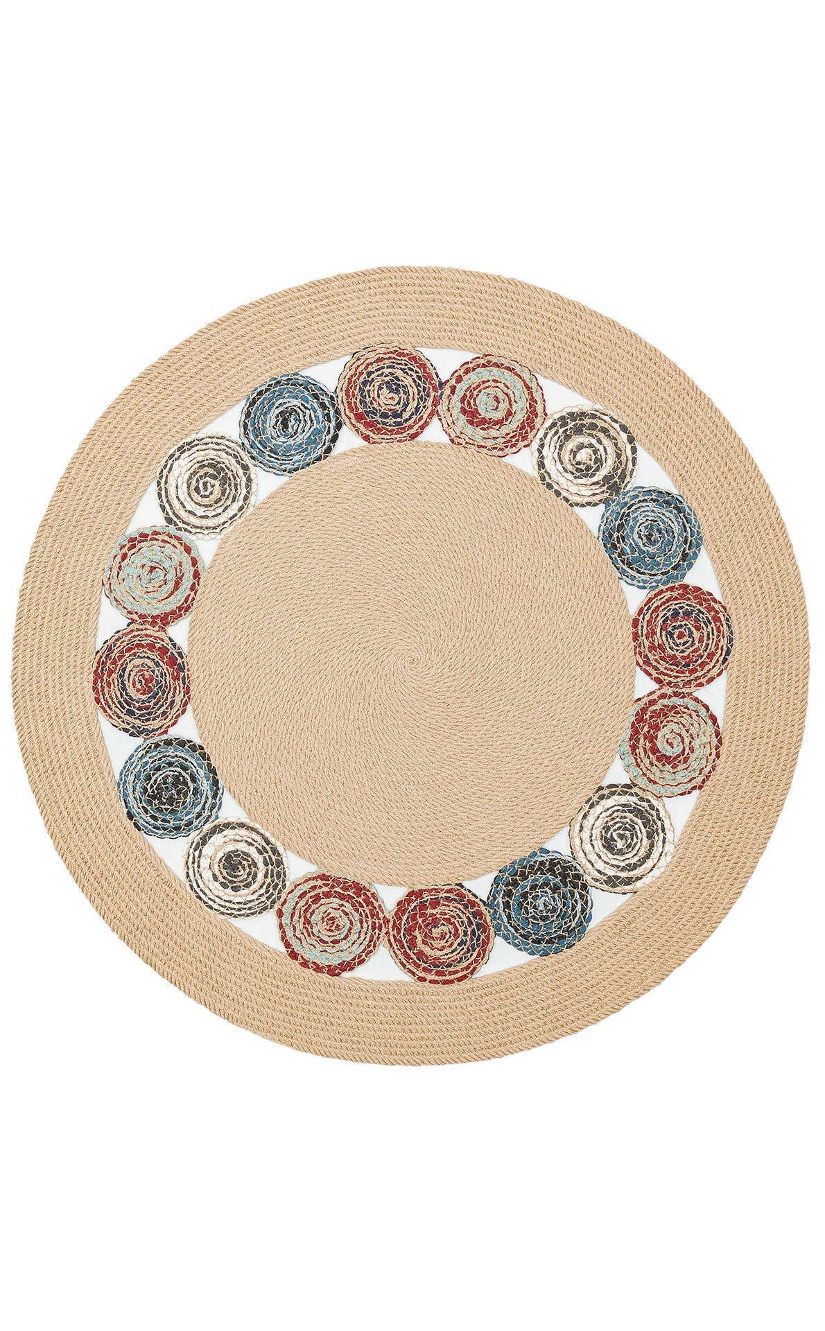 Round Jute Rug - Beige Geometric Pattern Knitted Jute Carpet, Soft Texture