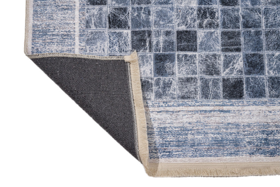Blue Geometric Area Rug - Cotton Chenille Digital Print Carpet for Living Room