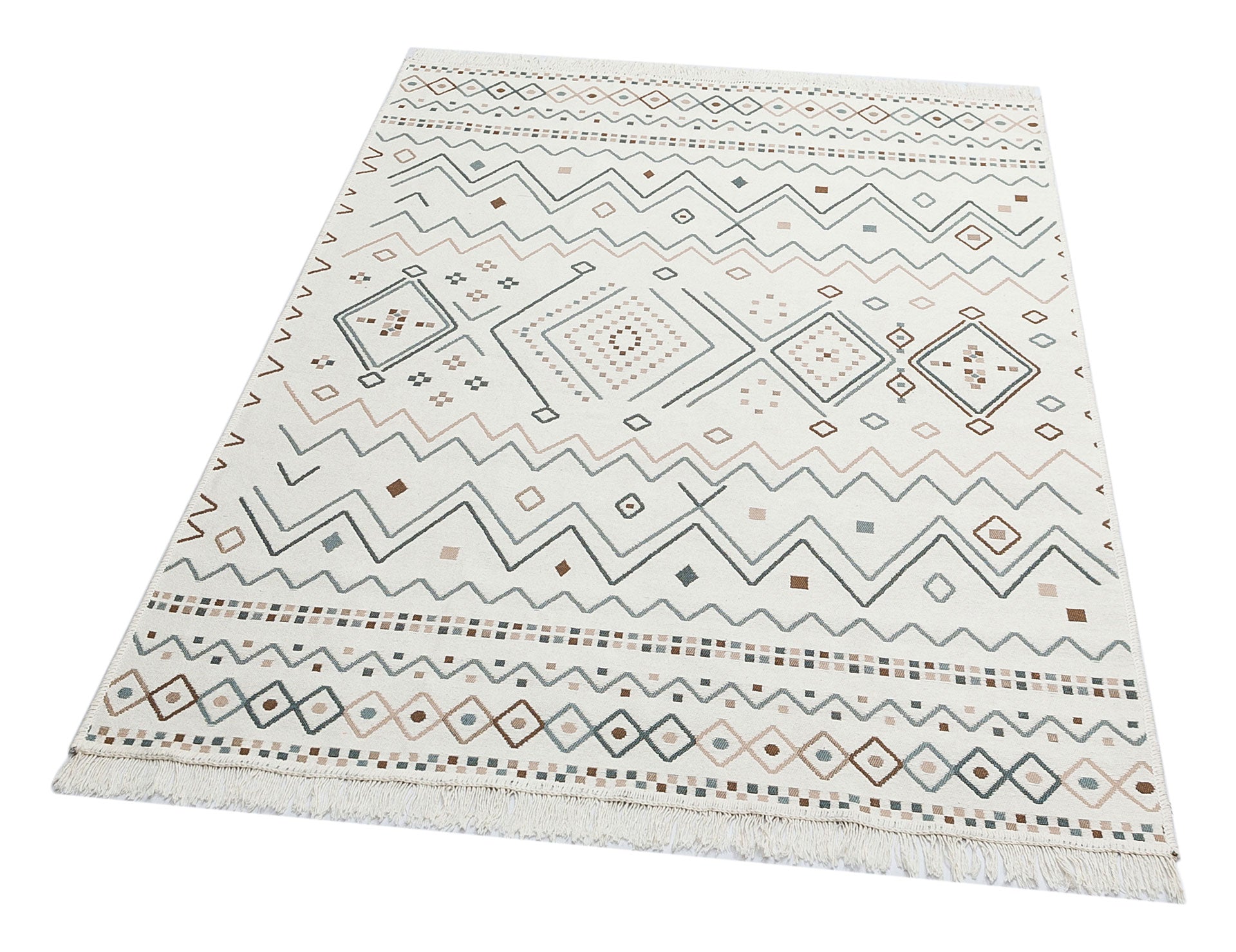 Ethnic Cotton Kilim - Beige Woven Rug Double Sided Washable Non Slip