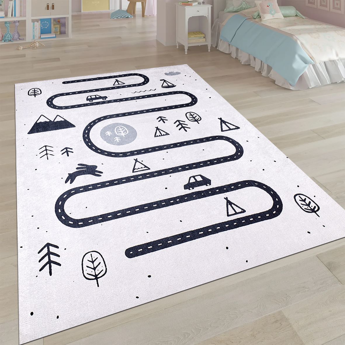 Kids Chenille Rug - White Cotton & Polyester Chenille Washable Non Slip Carpet