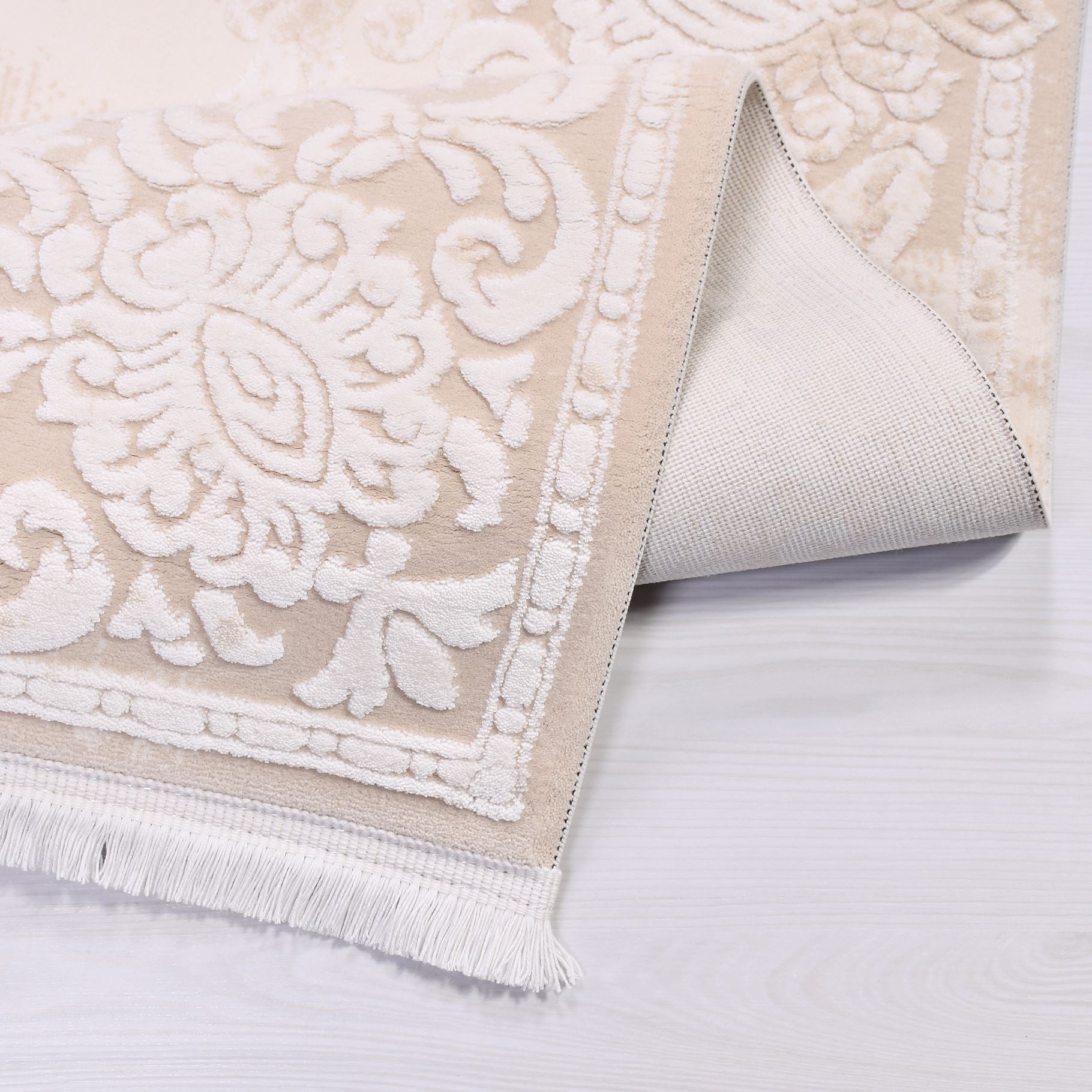 Machine Made Area Rug - Cream Frame Rug with Acrylic Yarn & Cotton Weft