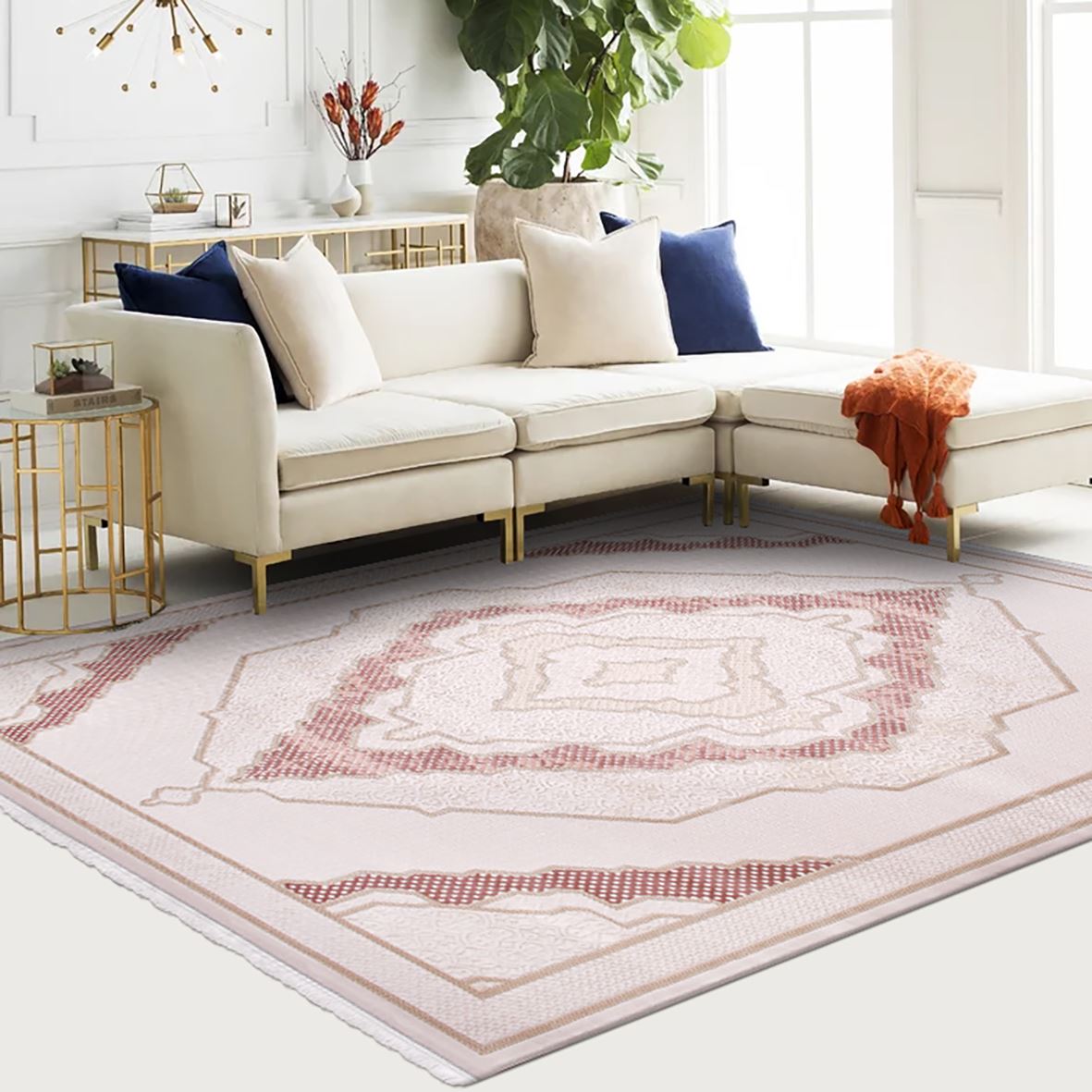 Pink Area Rug – Classic Machine Made Rug with Soft Pile Carpet & Laser Cut Edge