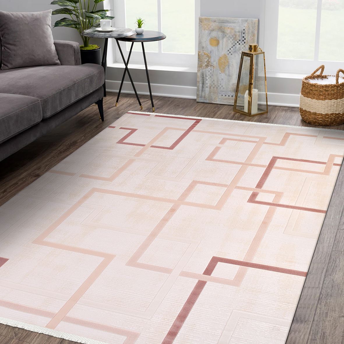 Cream Geometric Area Rug – Machine Made Rug | Soft Pile Carpet, Durable Area Carpet