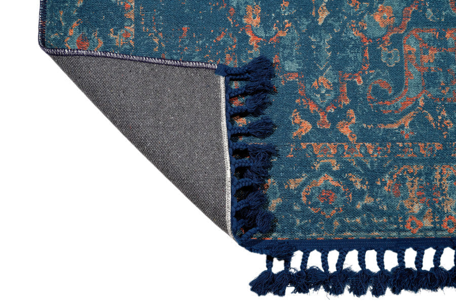 Vintage Navy Area Rug - Cotton Chenille Digital Print Carpet for Living Room