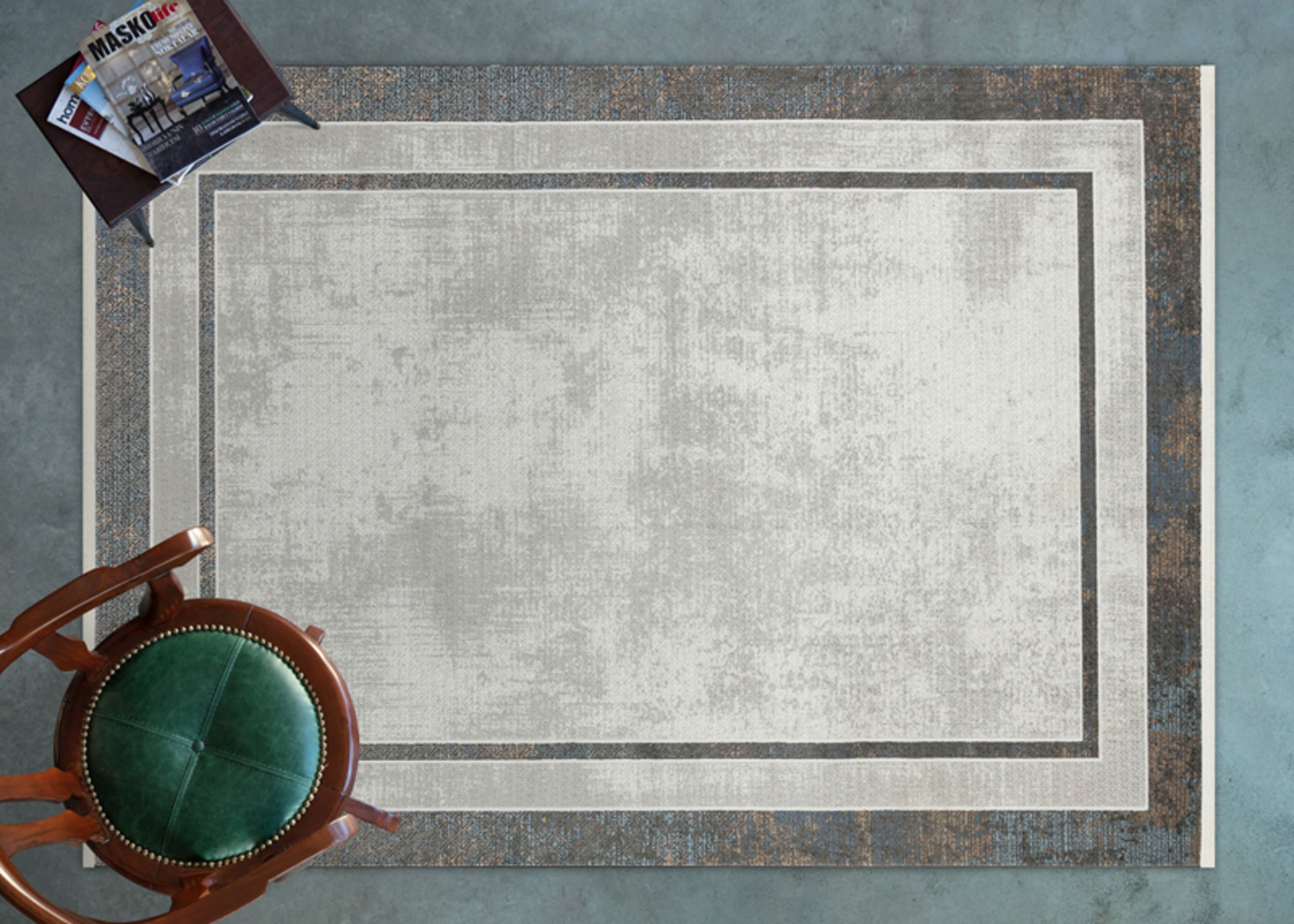 Machine Made Area Rug – Grey Cotton Woven Carpet With Frame Style For Living Room