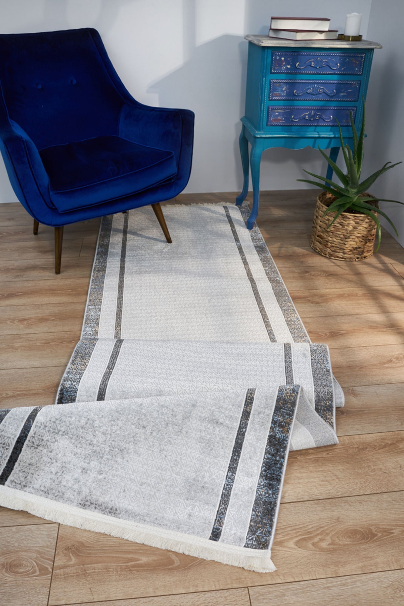Machine Made Area Rug – Grey Cotton Woven Carpet With Frame Style For Living Room