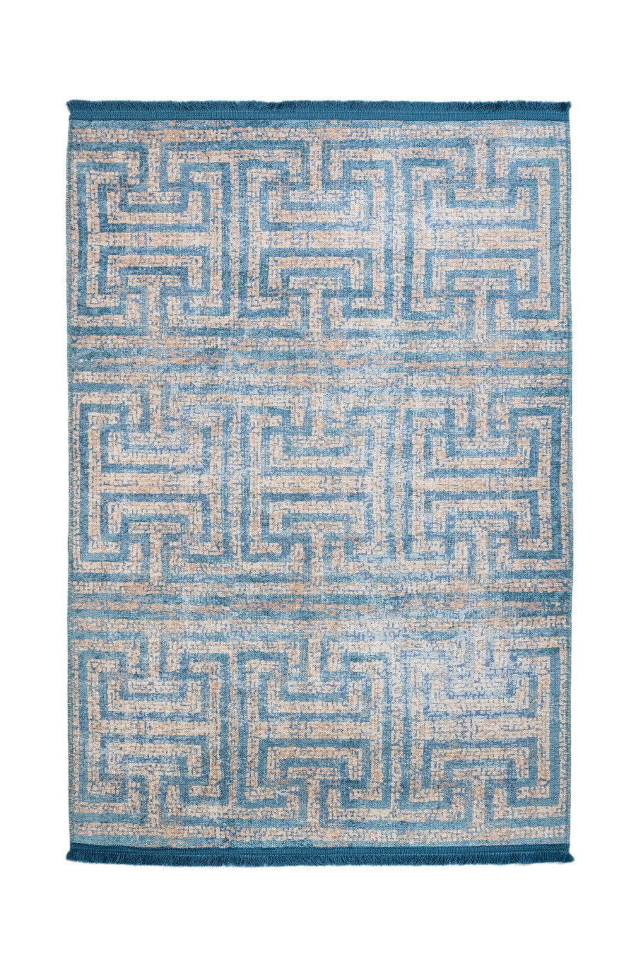 Blue Geometric Area Rug – Washable Cotton Chenille Carpet for Living Room