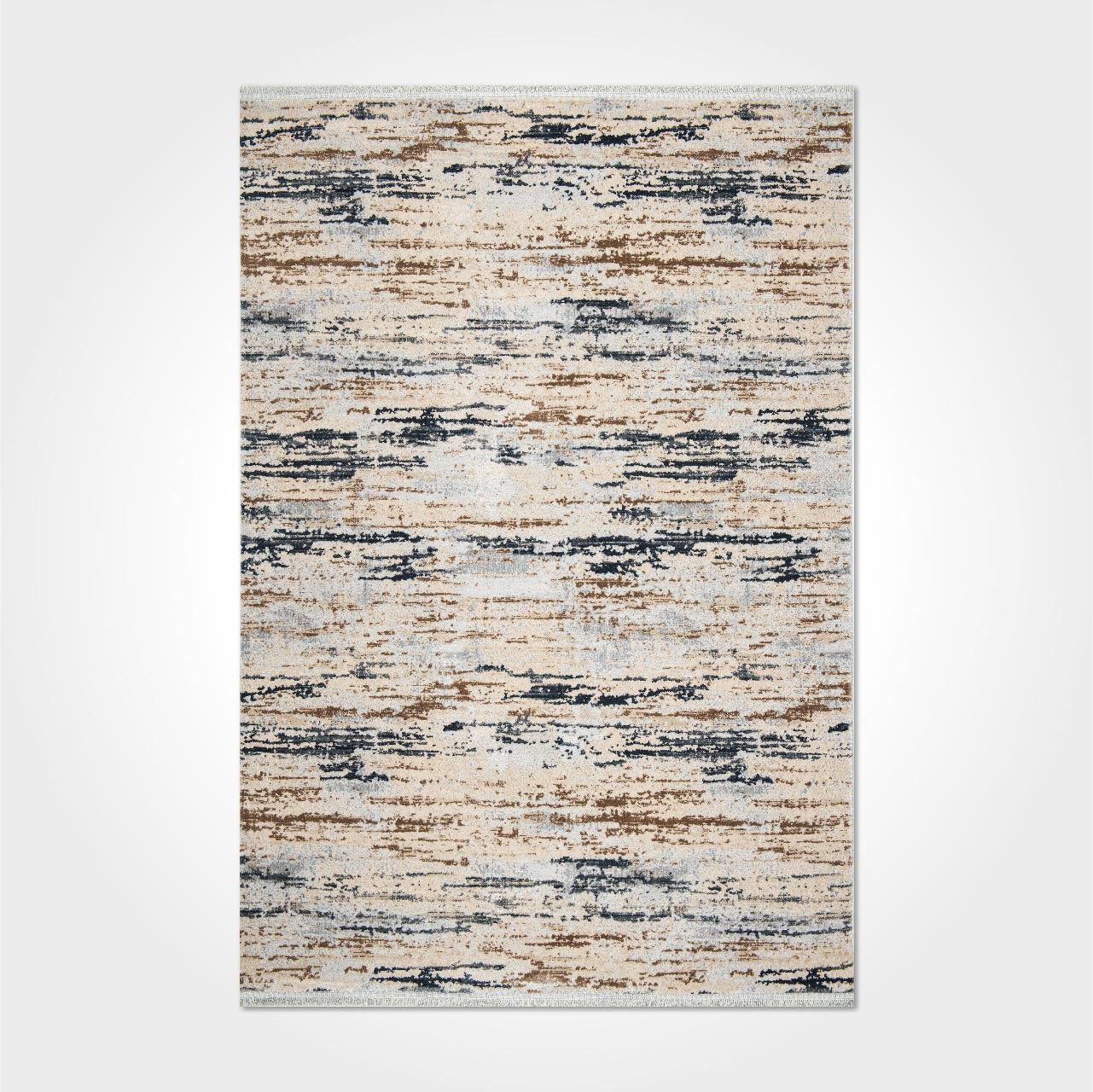 Machine Made Area Rug - Cream Grey Striped Polyester Rug with Overlocked Edge