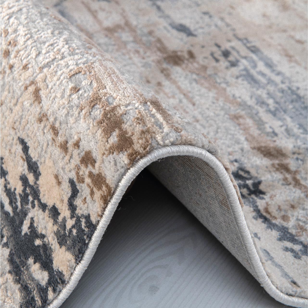 Machine Made Area Rug - Cream Grey Striped Polyester Rug with Overlocked Edge