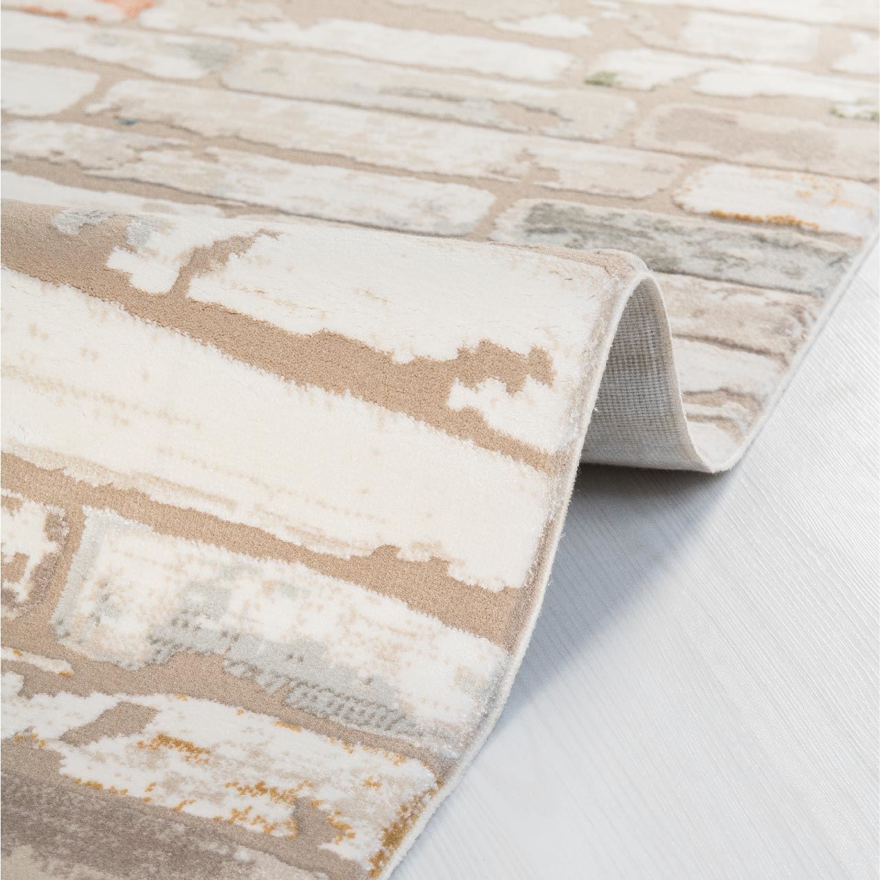 Machine Made Area Rug - Cream Geometric Carpet With Laser Cut Edges