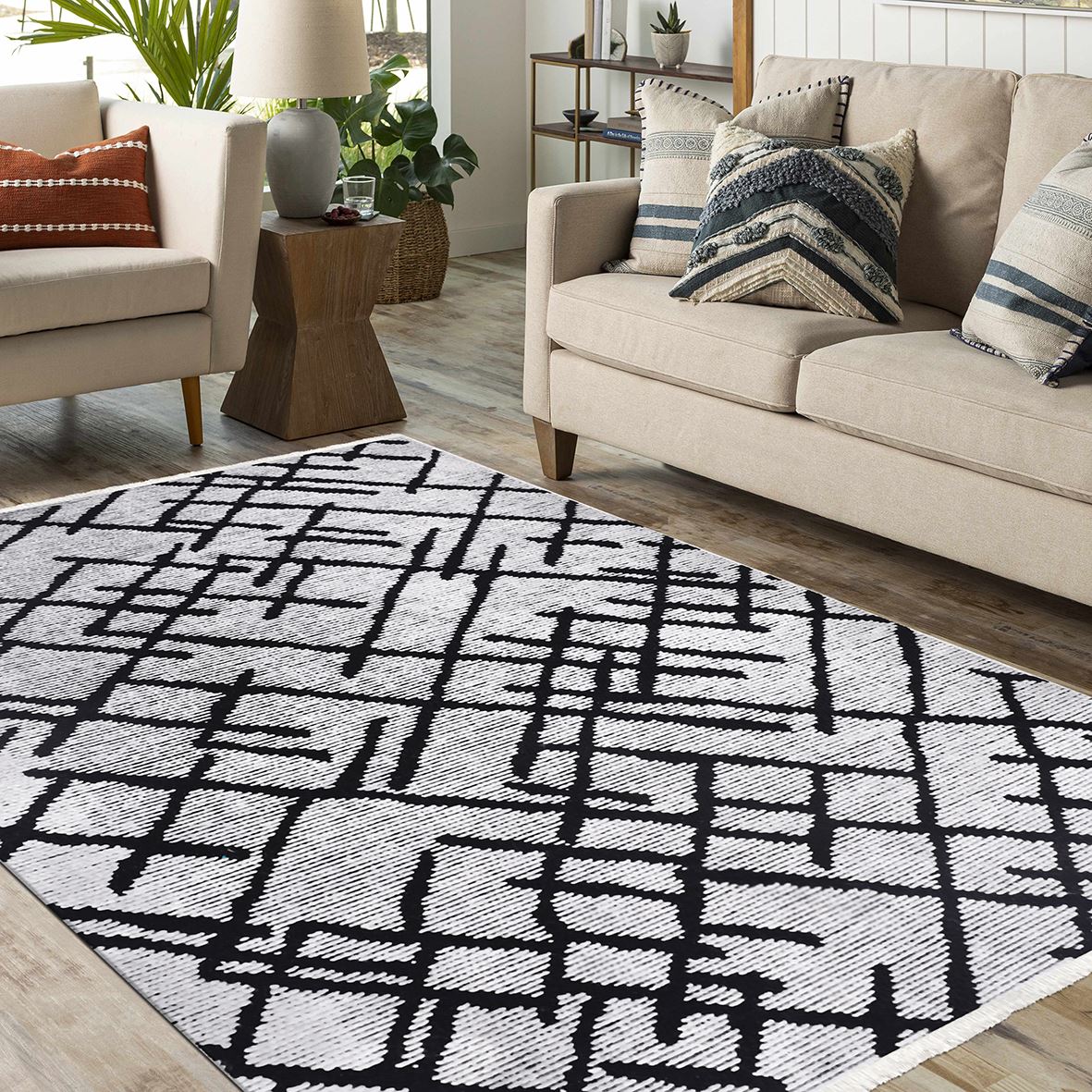 Mara Grey Geometric Cotton Natural Latex Area Rug