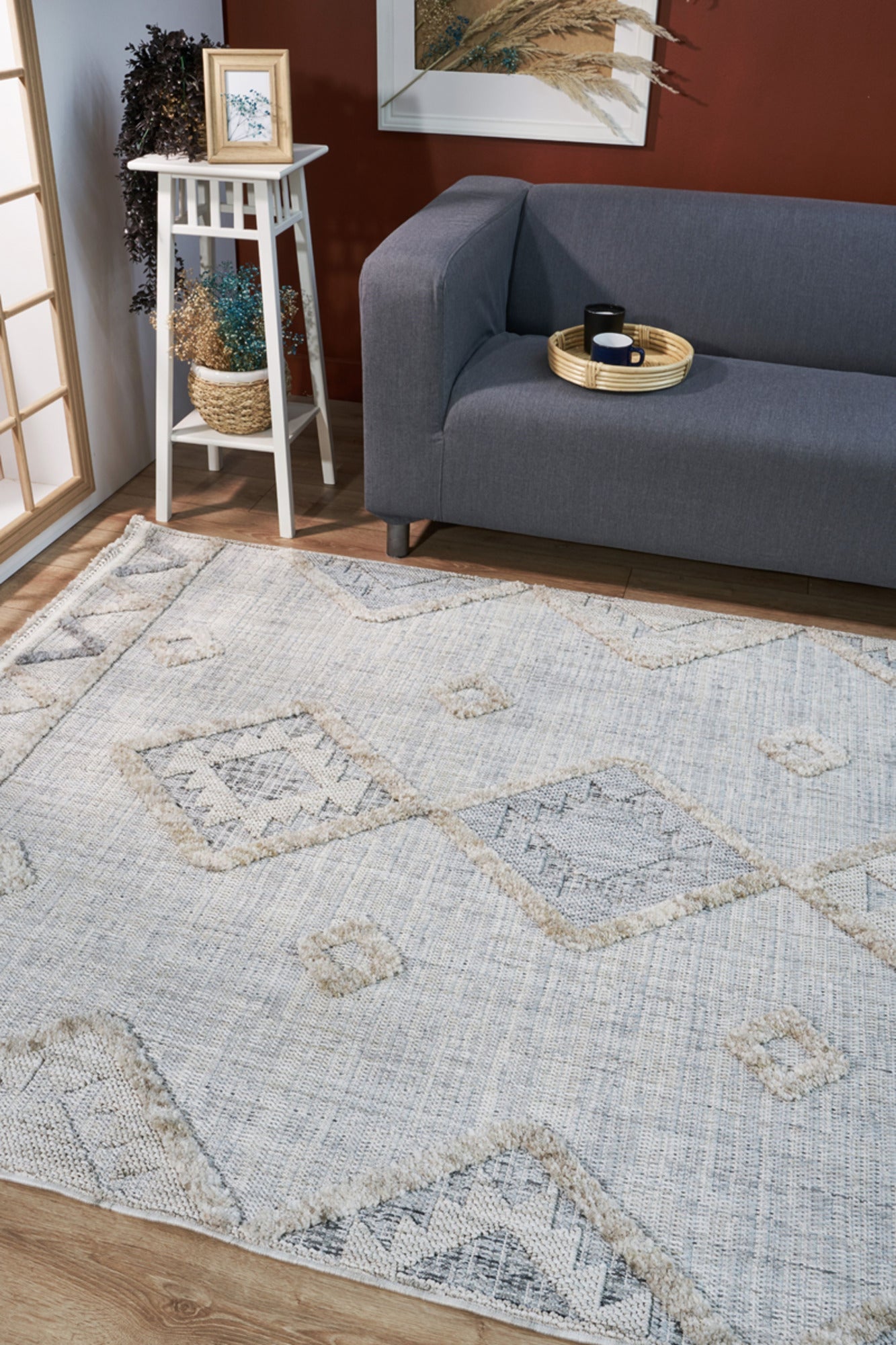 Machine Made Area Rug – Beige Geometric Cotton Yarn Carpet for Living Room
