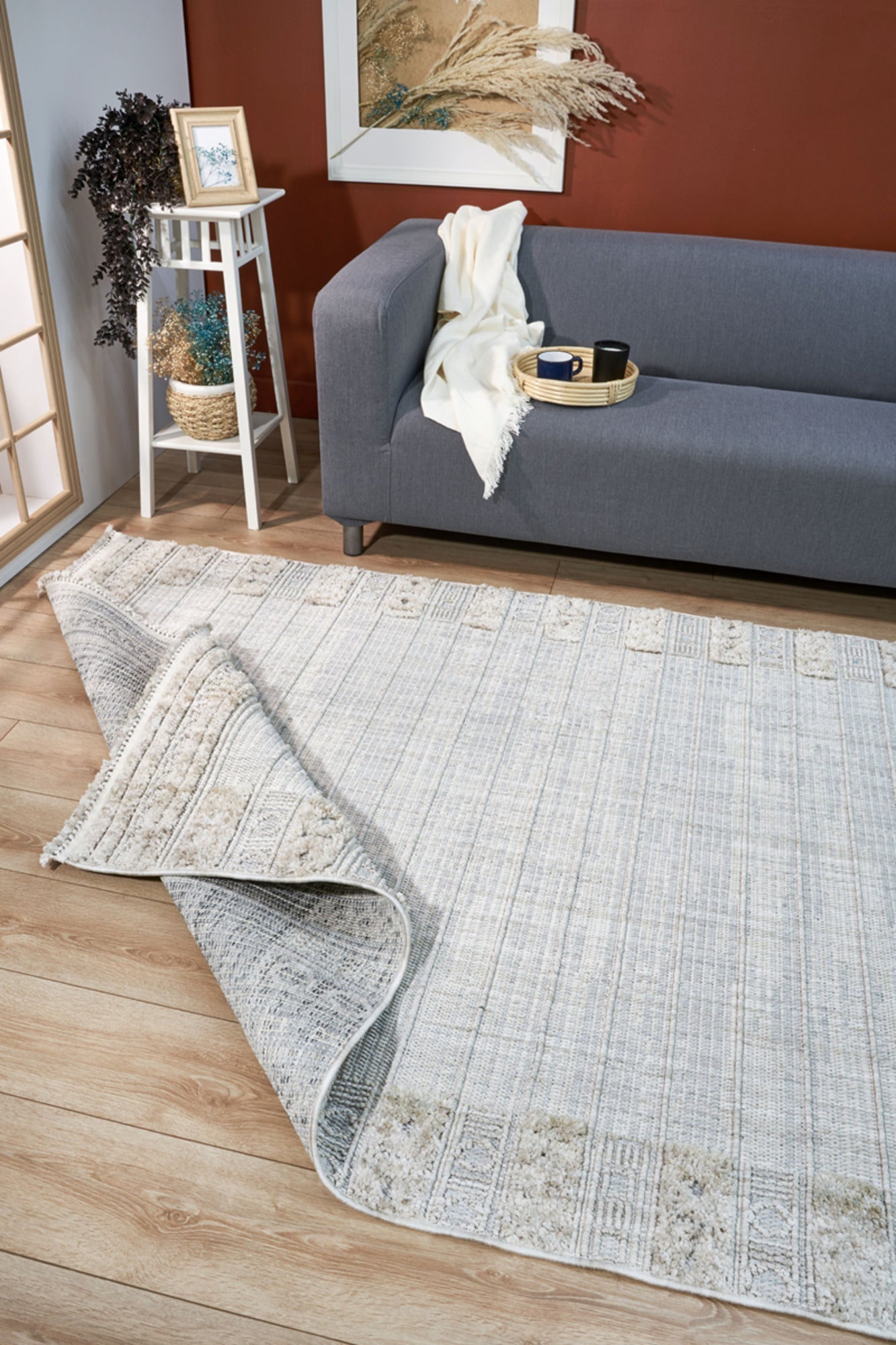 Geometric Area Rug – Machine Made Beige Cotton Woven Carpet for Living Room