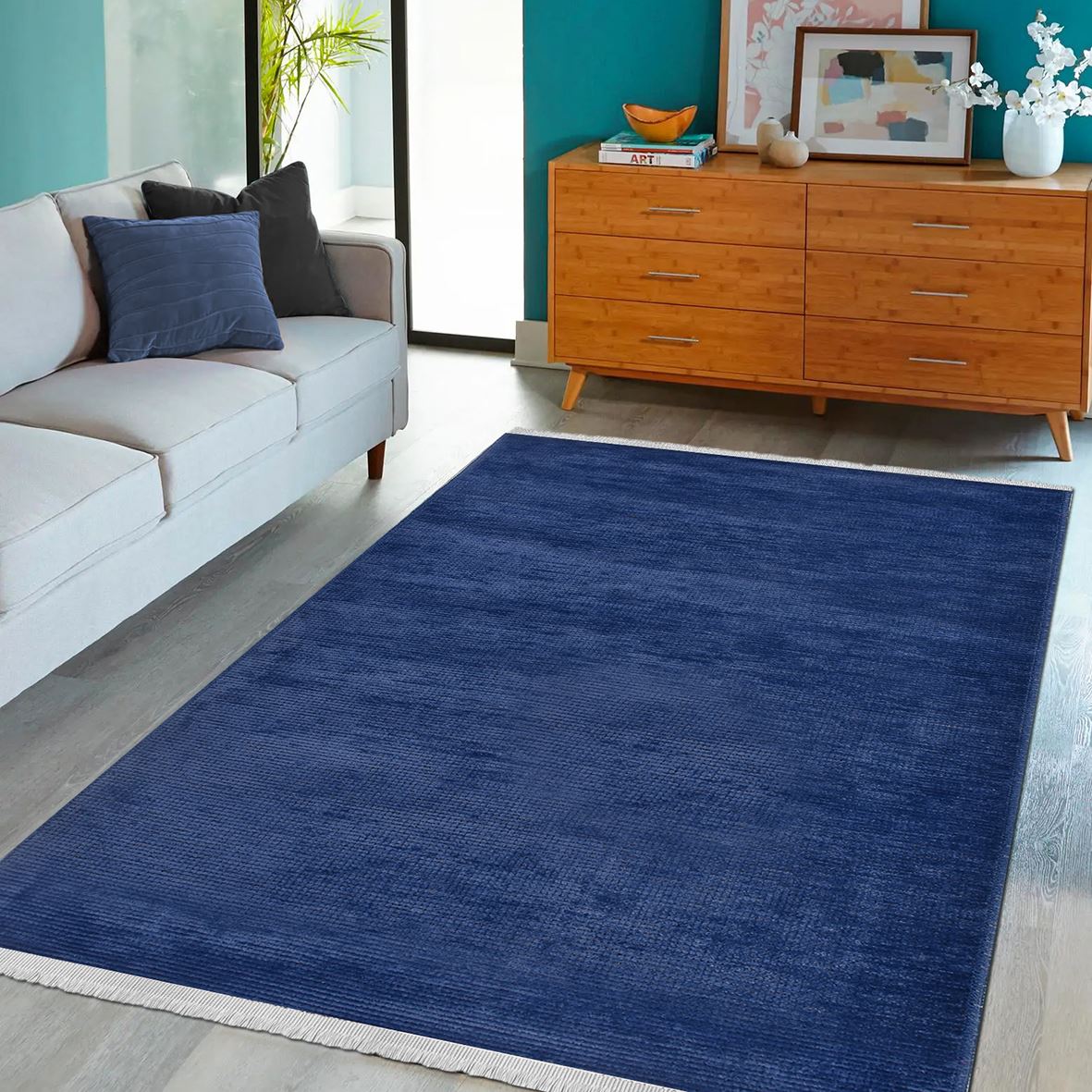 Natural Latex Area Rug – Navy Blue Cotton Blend | 7 mm Pile | Non Slip Jacquard Woven