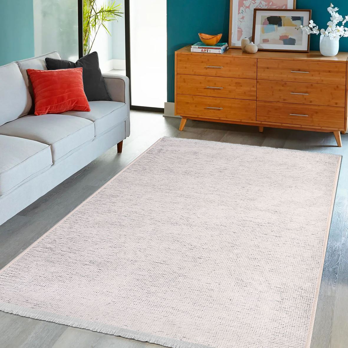 Natural Latex Area Rug - Modern Cotton 7mm Pile Cream Color Rug with Non Slip Backing