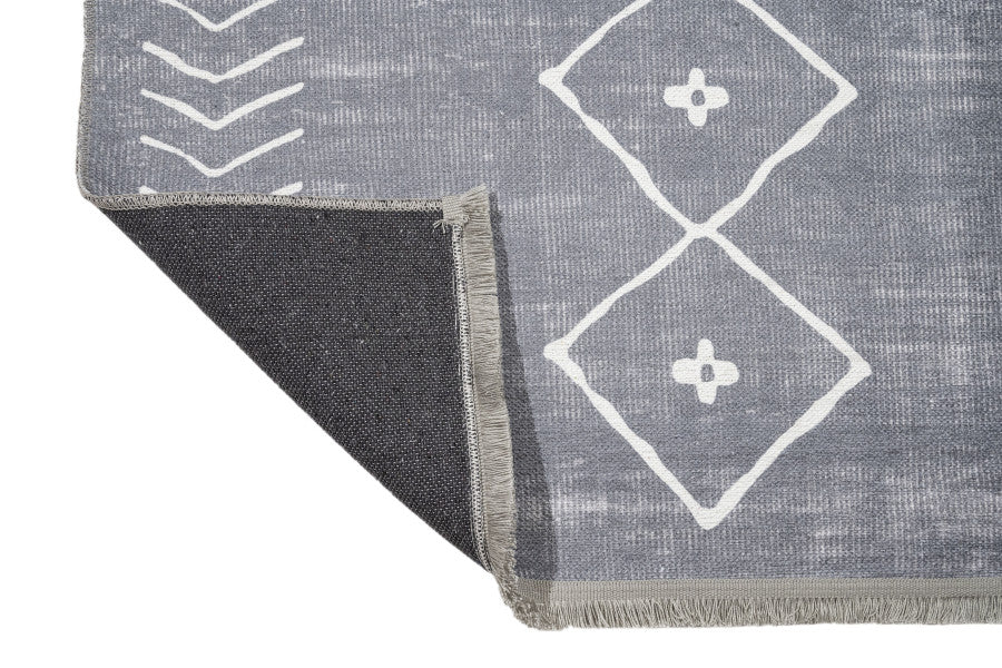 Geometric Area Rug – Grey Cotton Chenille Digital Print Carpet for Living Room