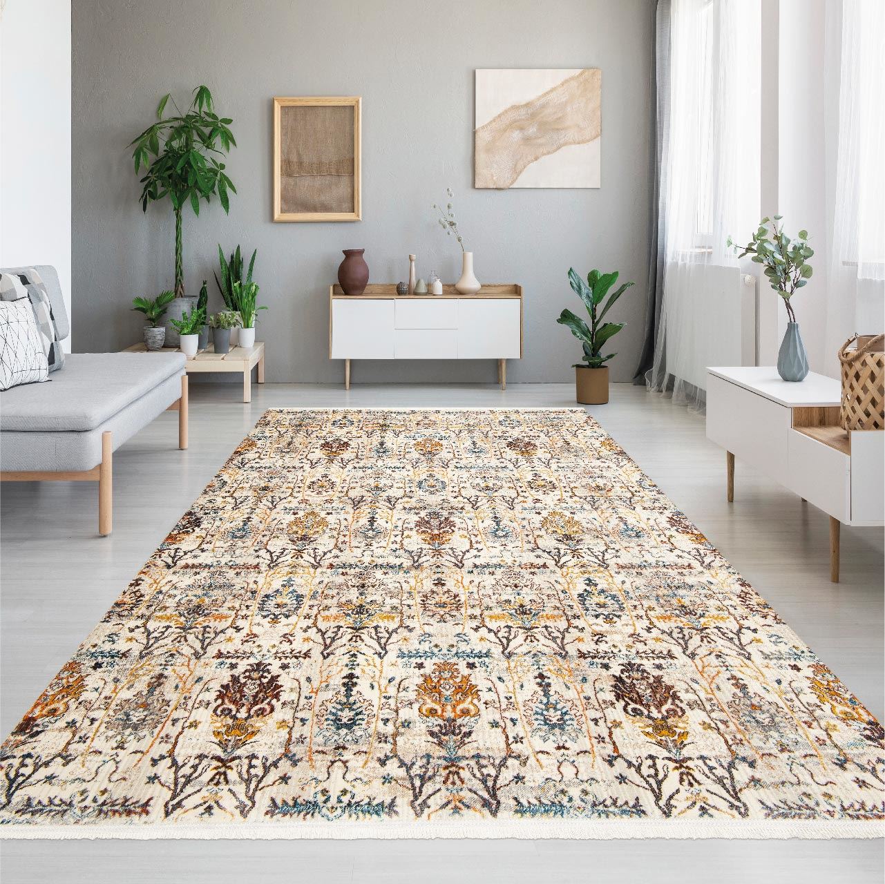 Cream Area Rug - Classic Machine Made Rug With Overlocked Edge For Living Room