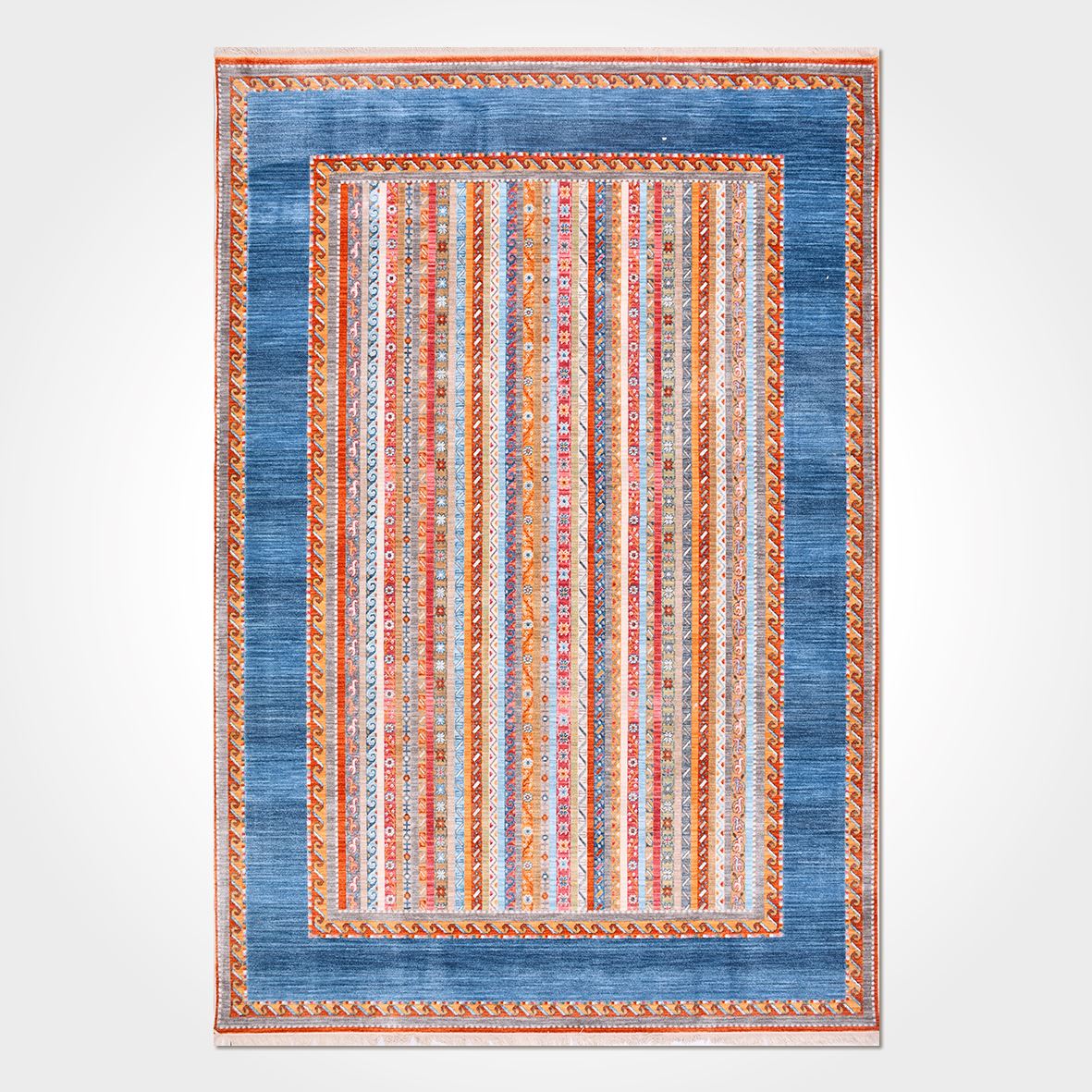 Machine Made Area Rug – Blue Degrade Polyester Flatweave With Overlocked Edge