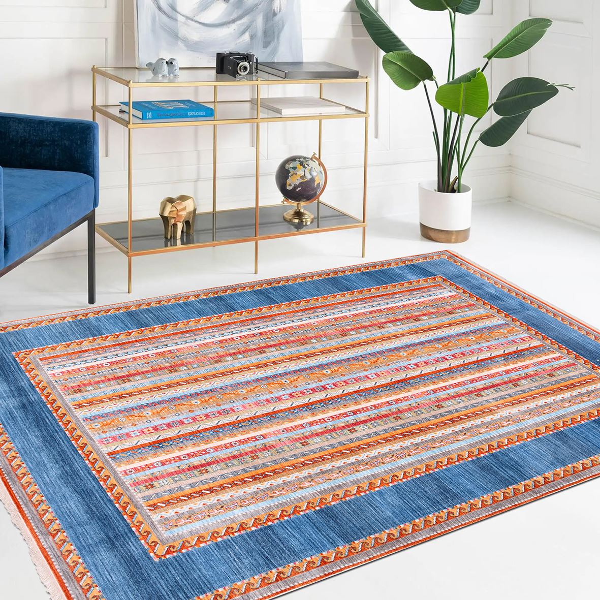 Machine Made Area Rug – Blue Degrade Polyester Flatweave With Overlocked Edge