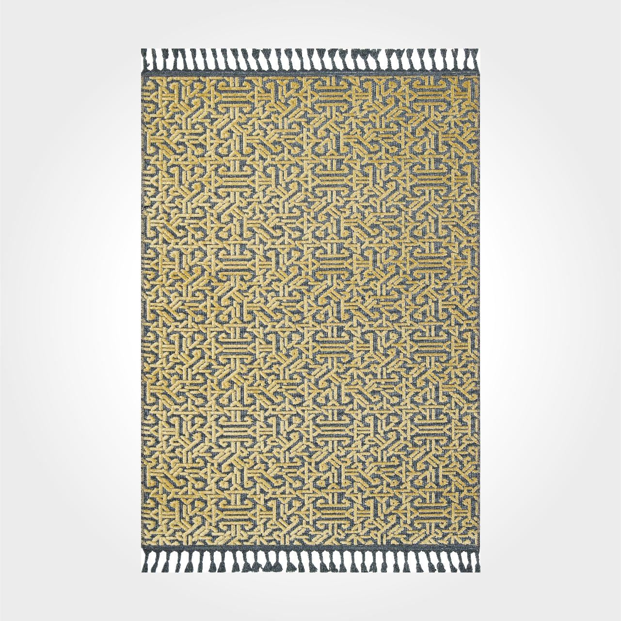 Yellow Geometric Area Rug - Machine Made Rug With Fringed Durable Design