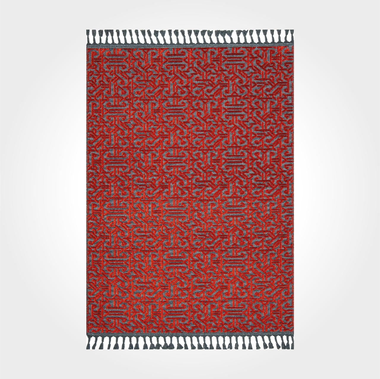 Red Geometric Area Rug - Machine Made Rug With High Stitch Count, Fringed Design