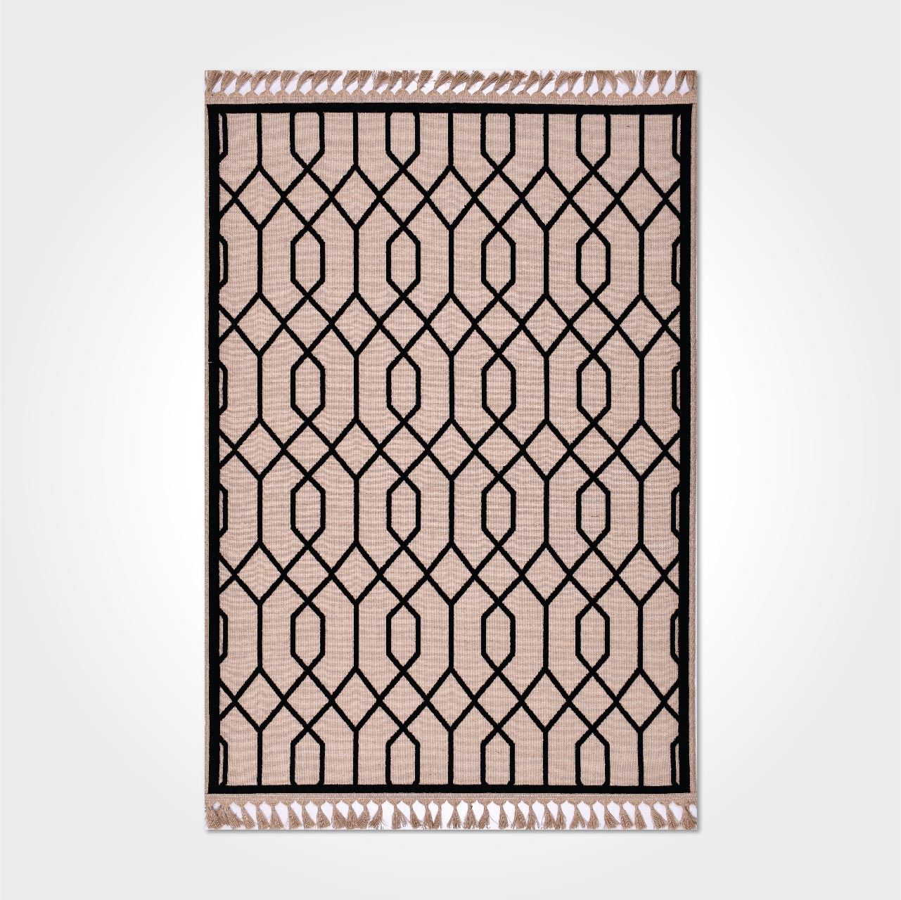 Black Geometric Area Rug - Machine Made Rug With 3mm Pile Height & Jute Weft