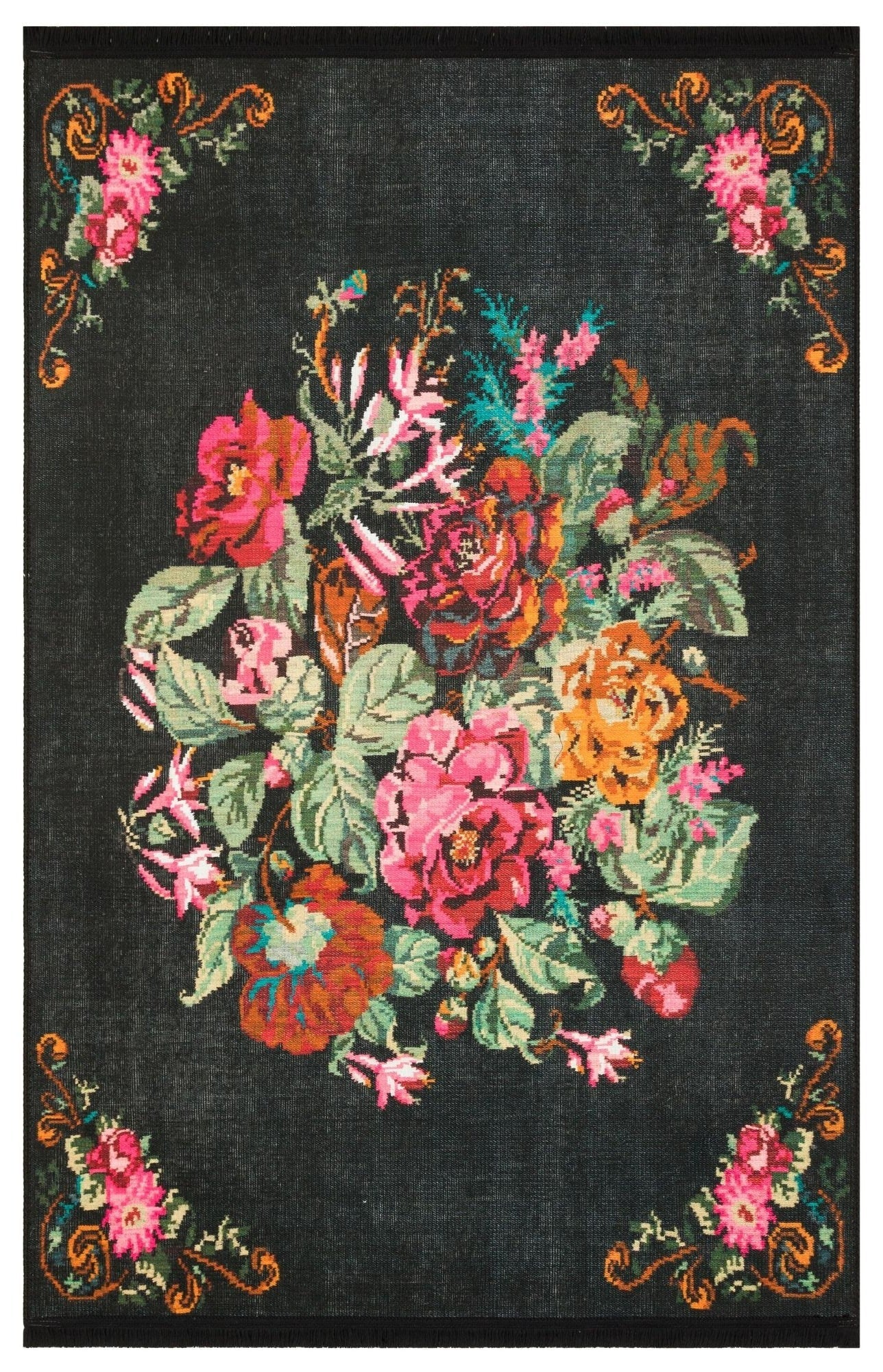 Modern Digital Print Rug – Black Fringed Cotton Area Rug With Woven Base