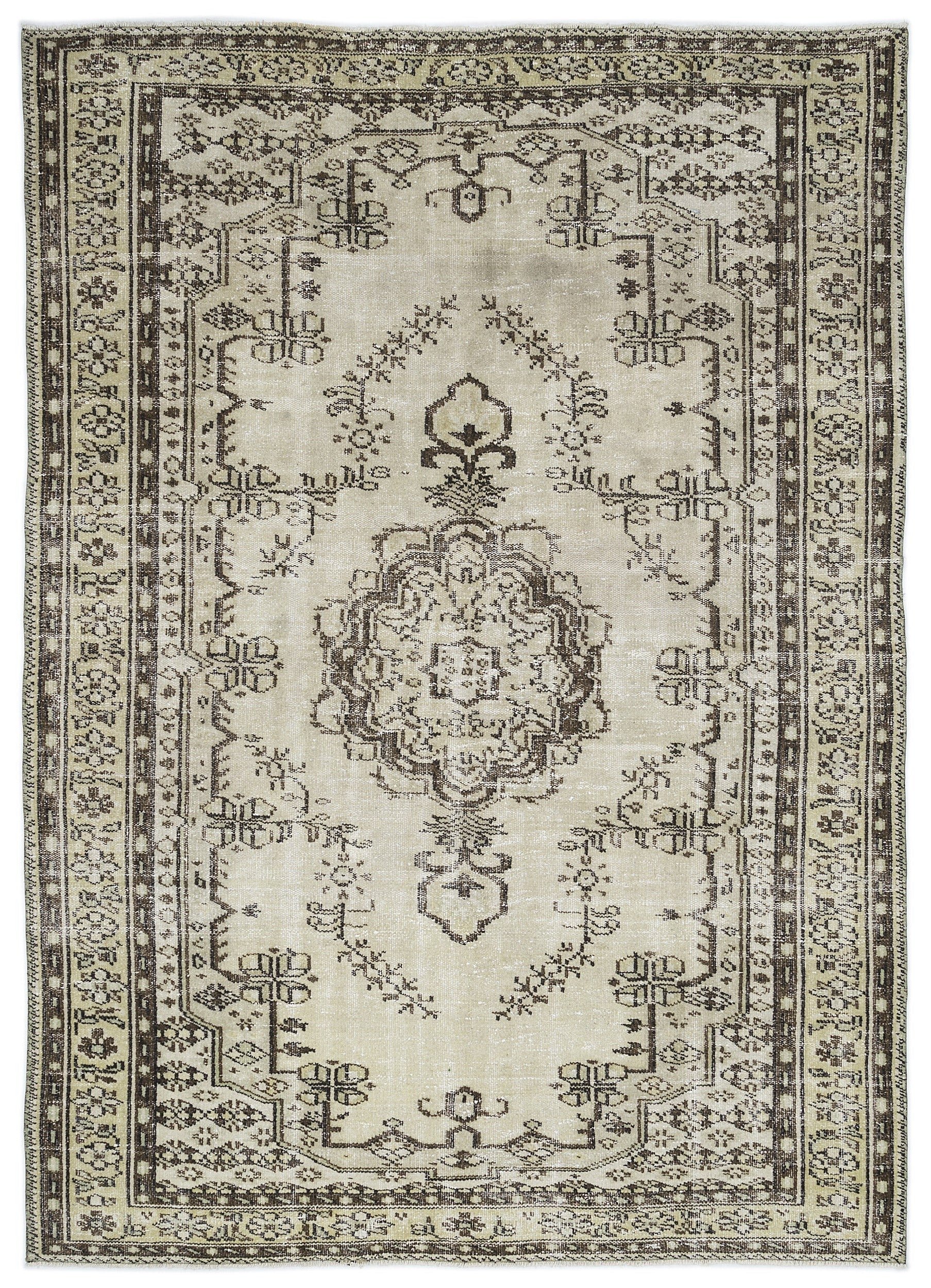 Atina Beige Vintage Wool Handmade Area Rug 6'1" x 8'8"