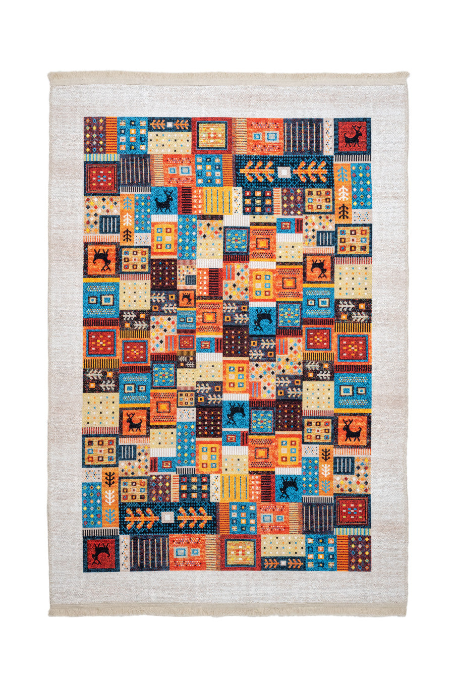 Patchwork Area Rug – White Cotton Chenille Digital Print Carpet for Living Room