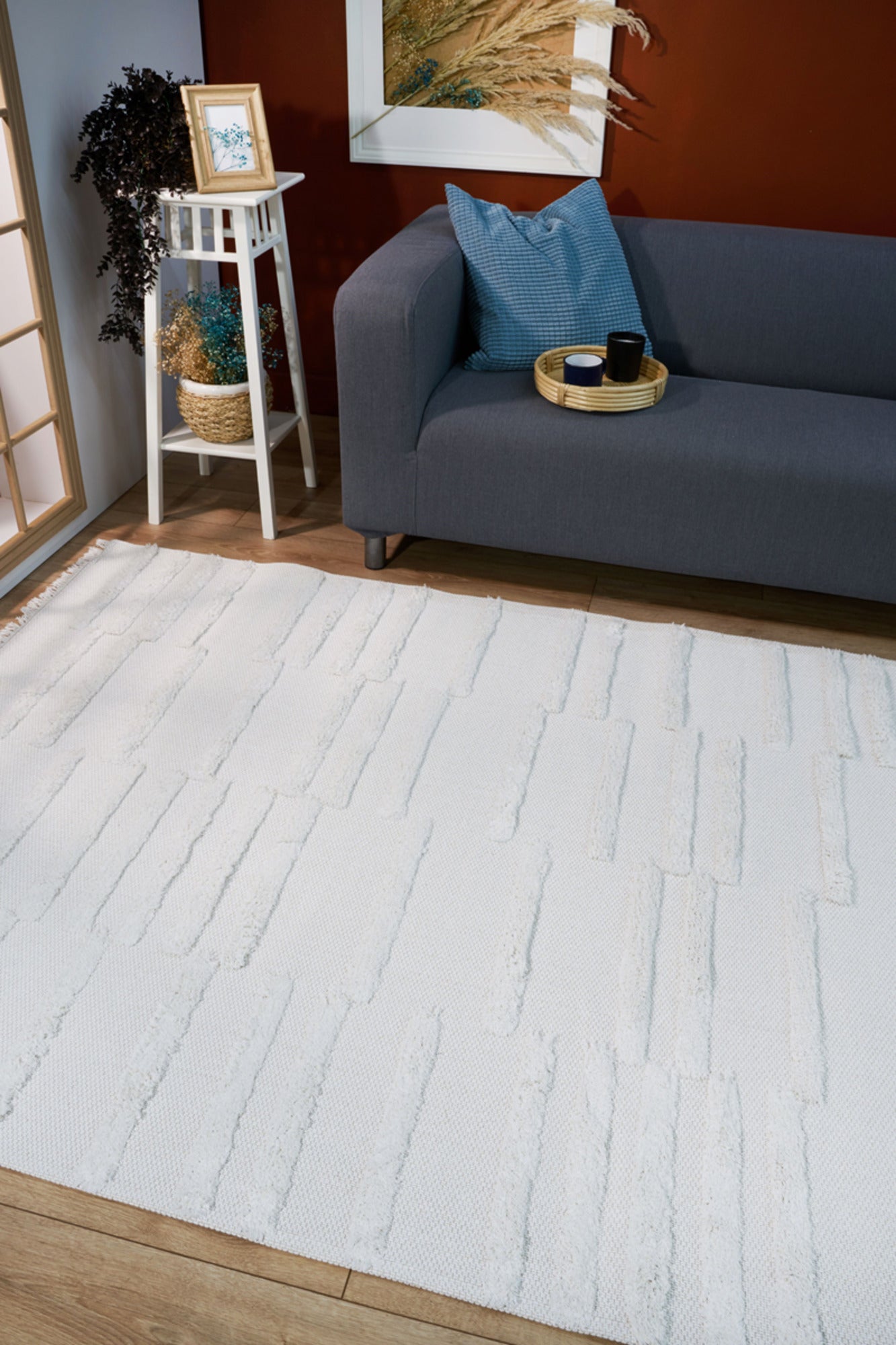 Modern Area Rug – Machine Made Cream Cotton Yarn Carpet for Living Room