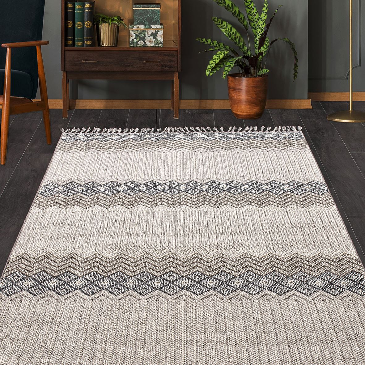 Machine Made Area Rug – Grey Geometric Polyester Carpet With Durable Loop Pile