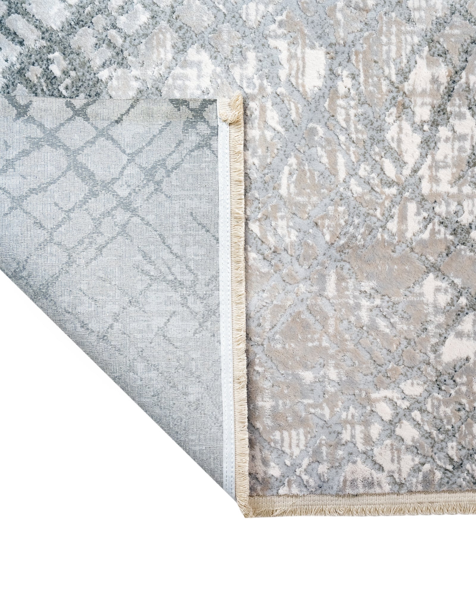 Grey Geometric Area Rug - Machine Made Durable Acrylic Carpet With Fringed Edges