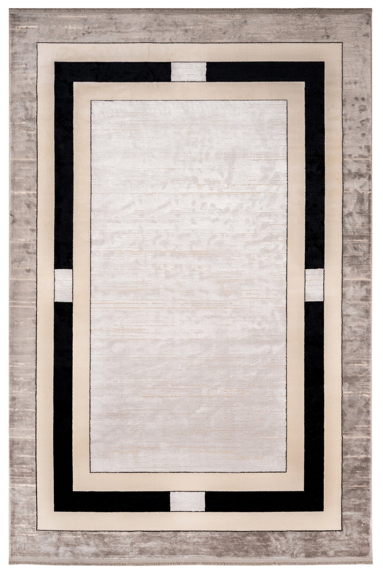 Viscose Area Rug - Machine Made Beige Frame Carpet With Fringed Edges