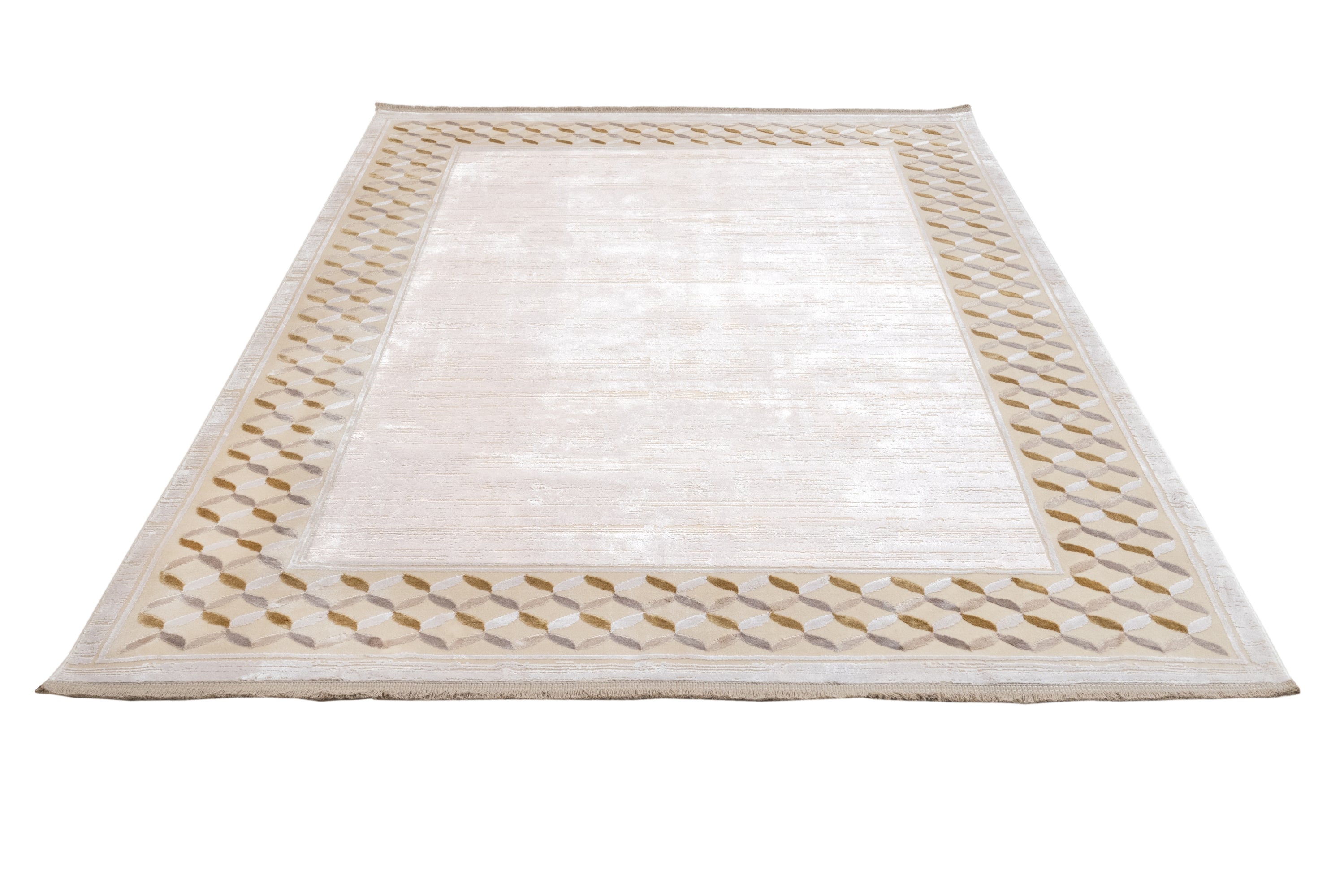 Viscose Area Rug – Machine Made Cream Frame Carpet With Fringed Edges
