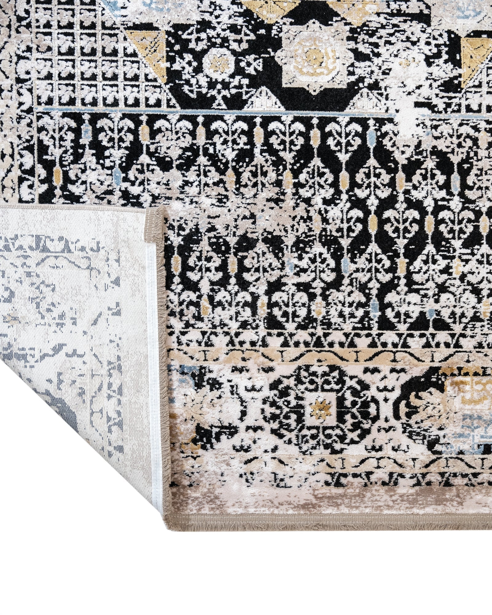 Vintage Viscose Area Rug – Black Machine Made Rug with Fringed Edge Carpet