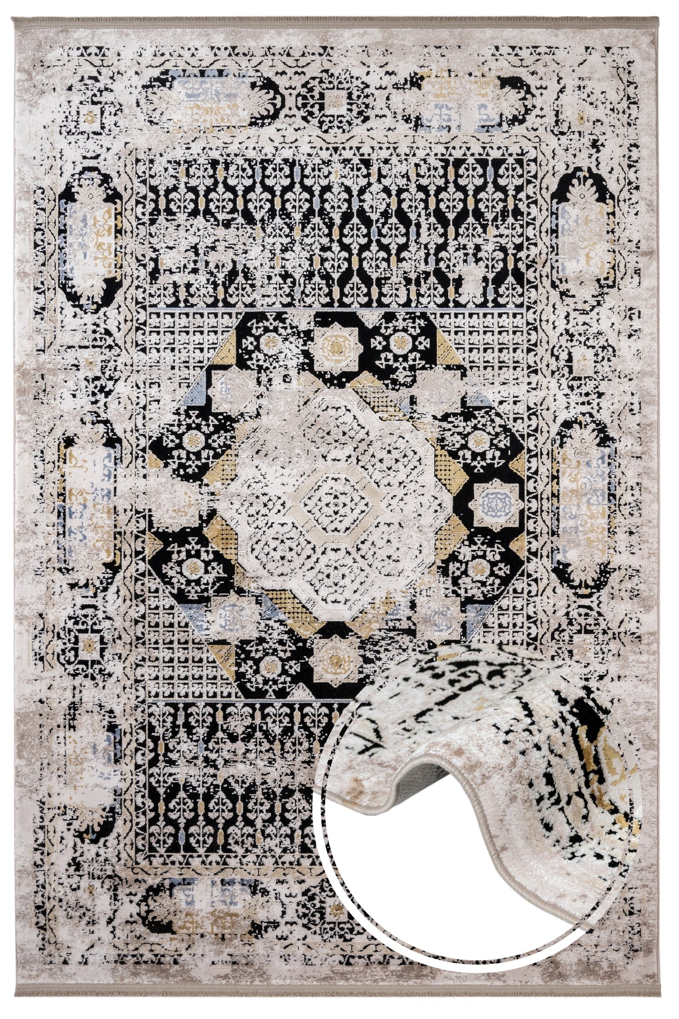 Vintage Viscose Area Rug – Black Machine Made Rug with Fringed Edge Carpet