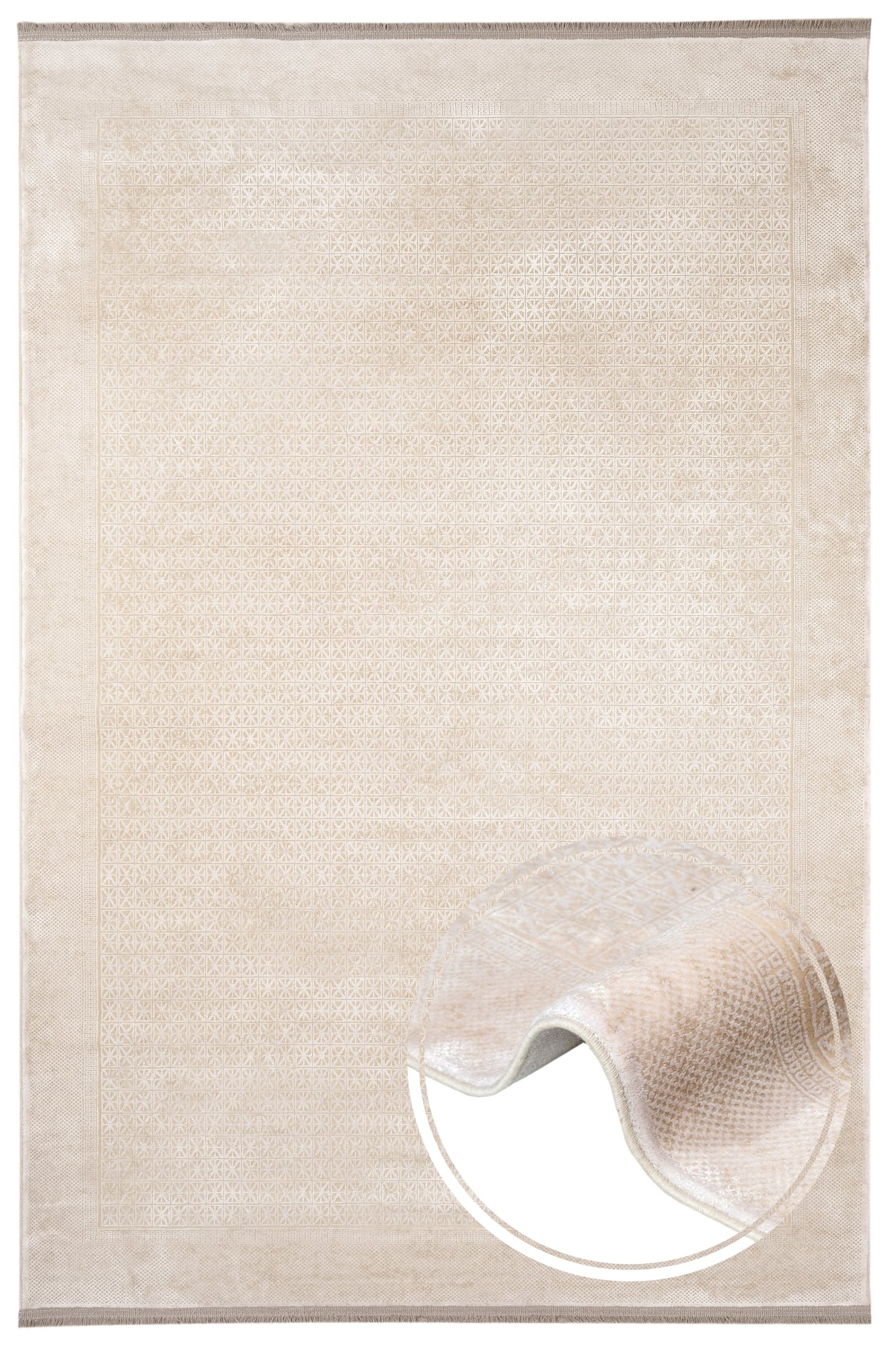 Viscose Area Rug – Machine Made Cream Frame Carpet With Fringed Edges
