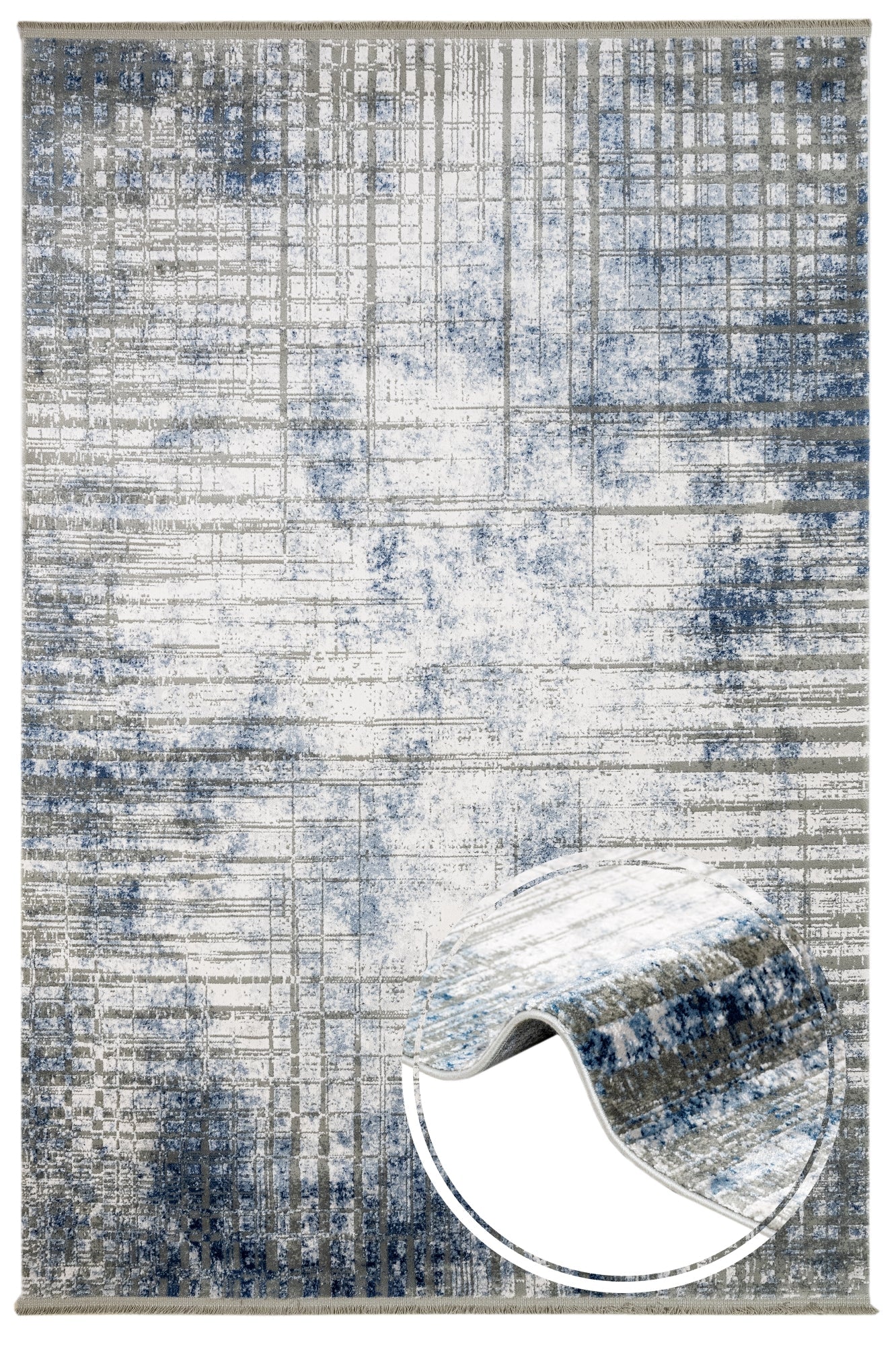 Modern Area Rug – Machine Made Blue Acrylic Floor Rug with Fringed Edges