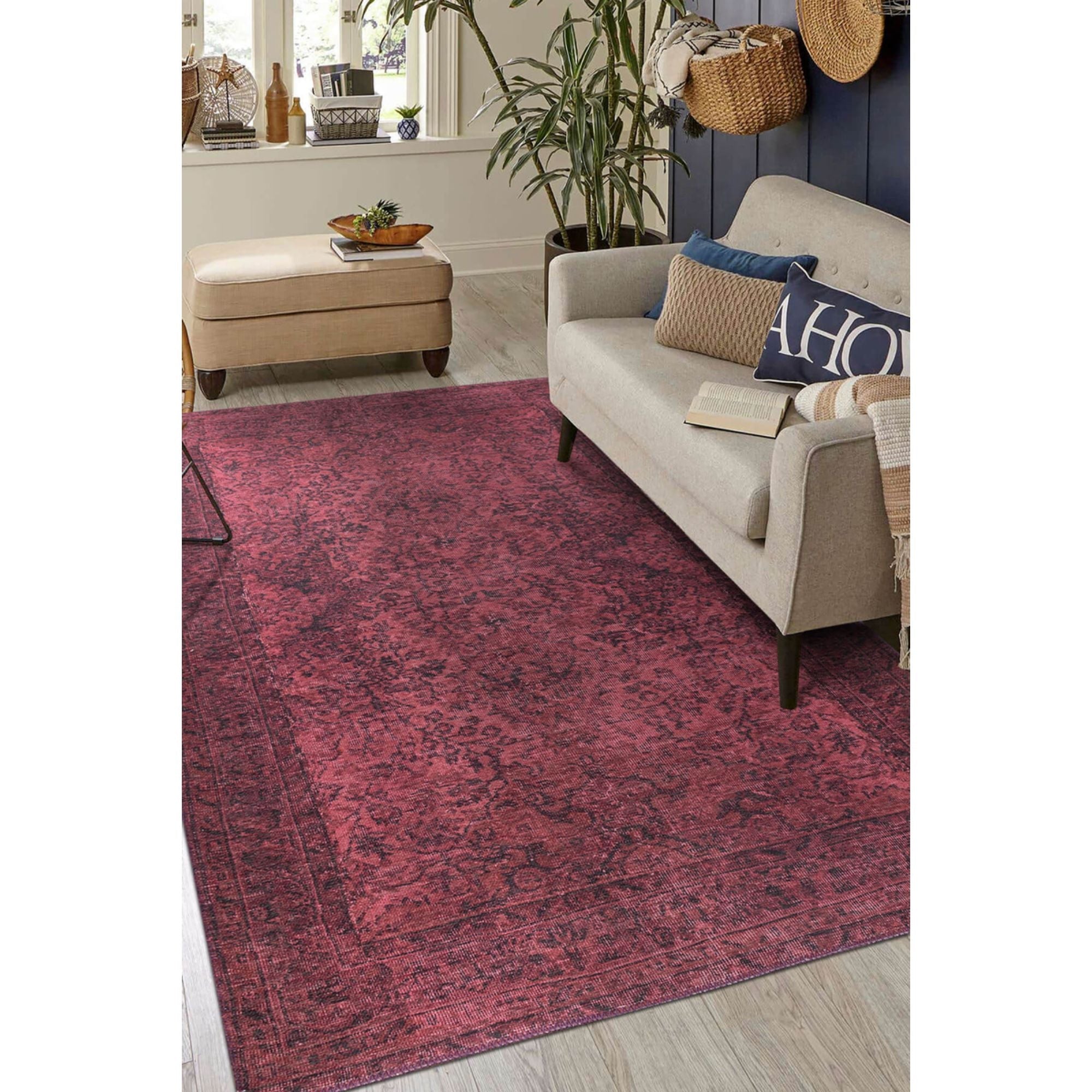 Vintage Cotton Area Rug - Washable Non Slip Red Soft Microfiber Rug for Living Room
